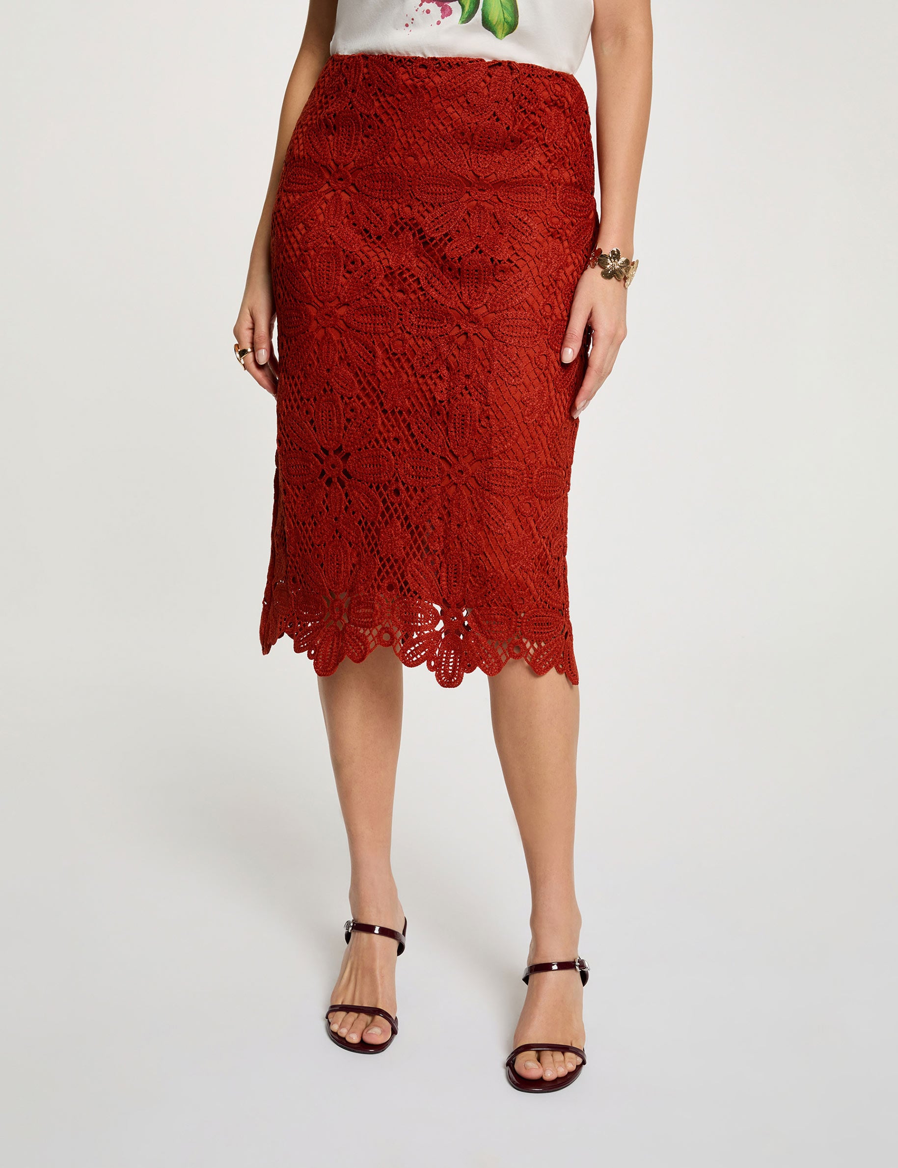 Jupe midi dentelle orange fonc&eacute; femme
