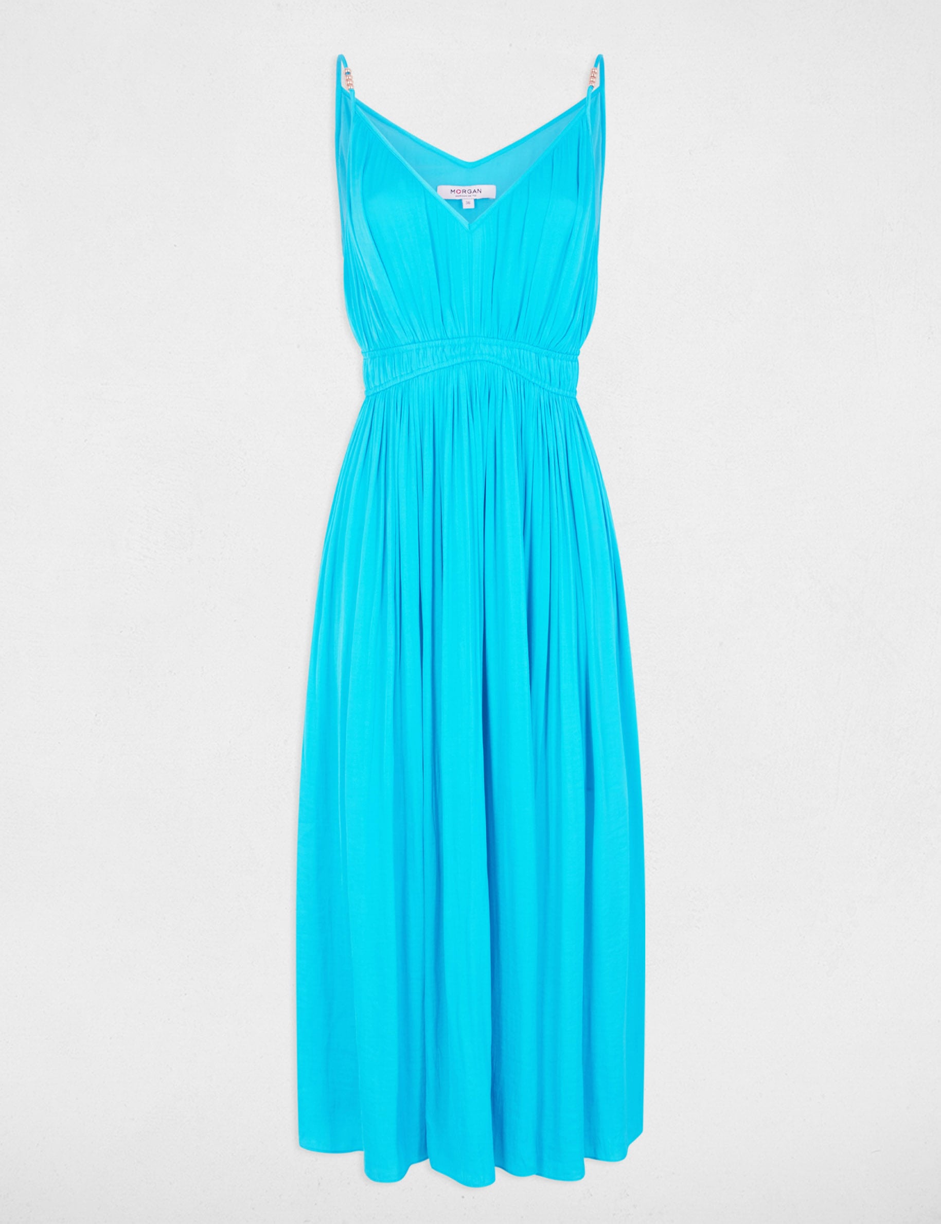 Robe midi droite pliss&eacute;e bleu ciel femme