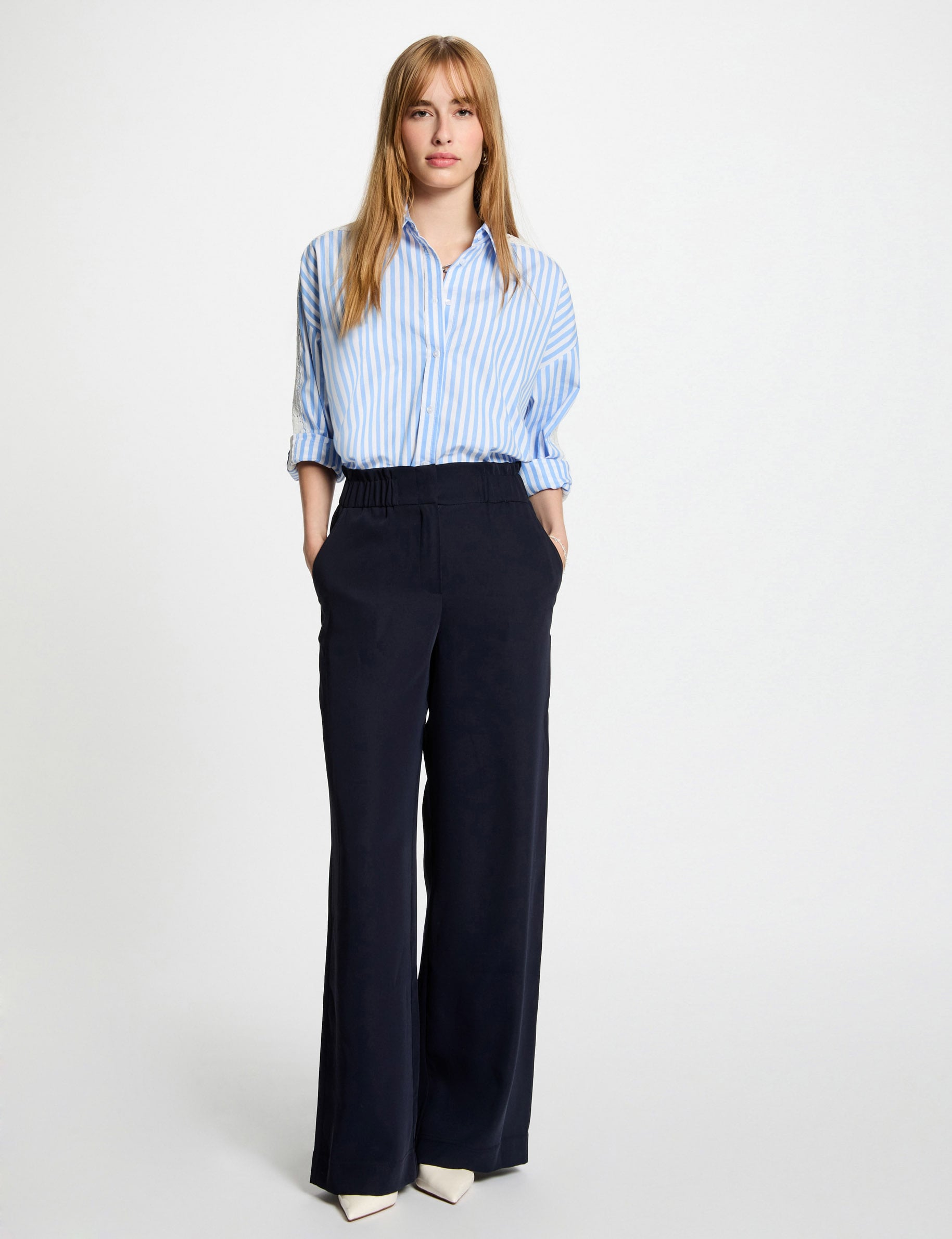 Pantalon large &agrave; fronces bleu marine femme