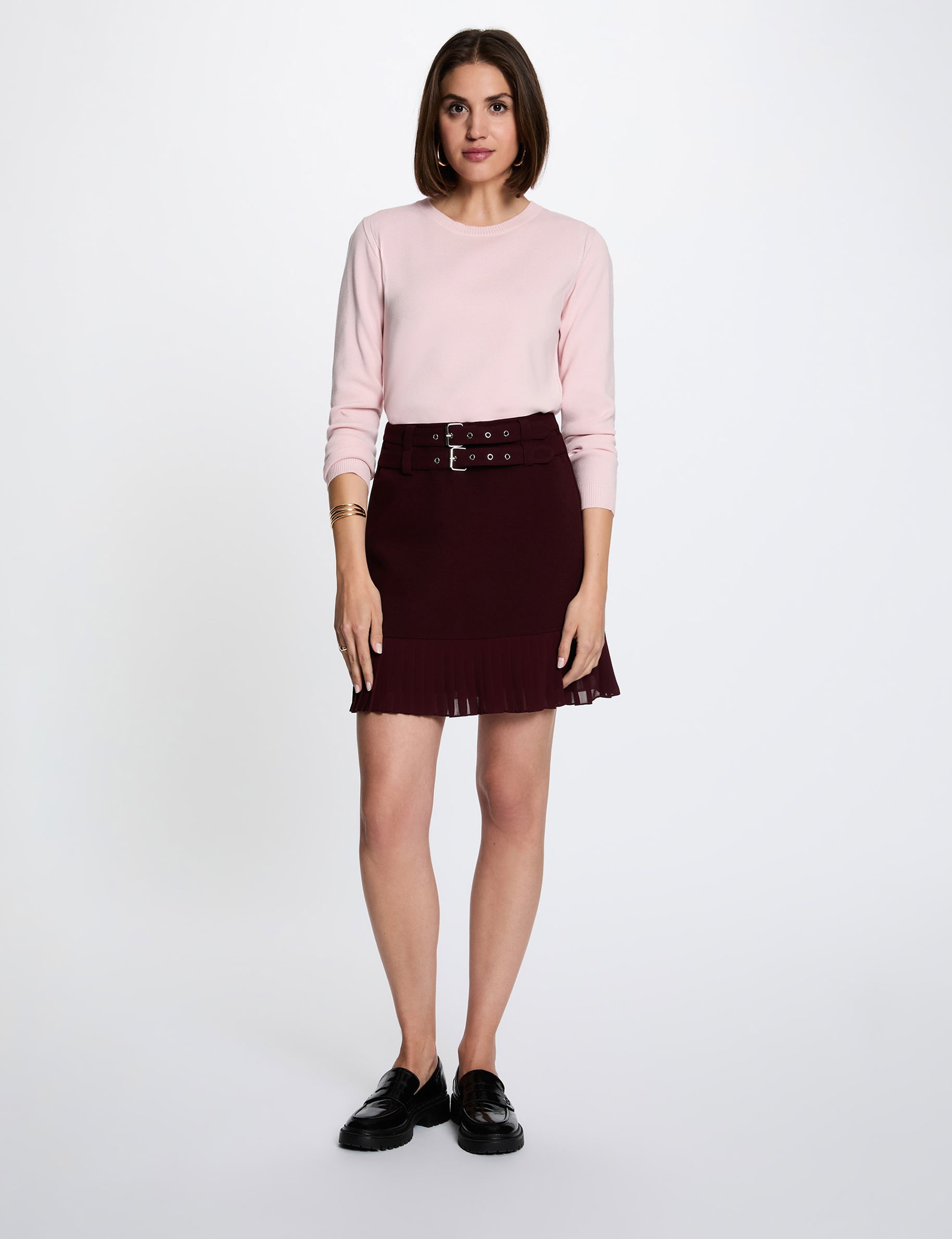 Jupe courte pliss&eacute;e prune femme