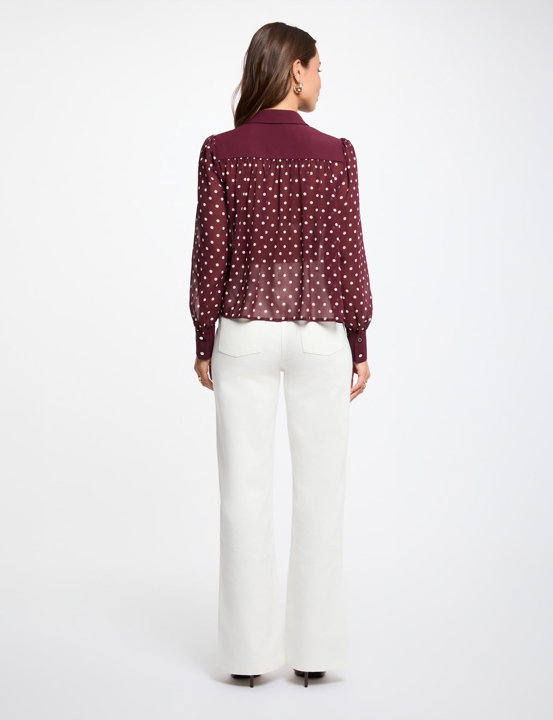 Chemise manches longues &agrave; pois bordeaux femme