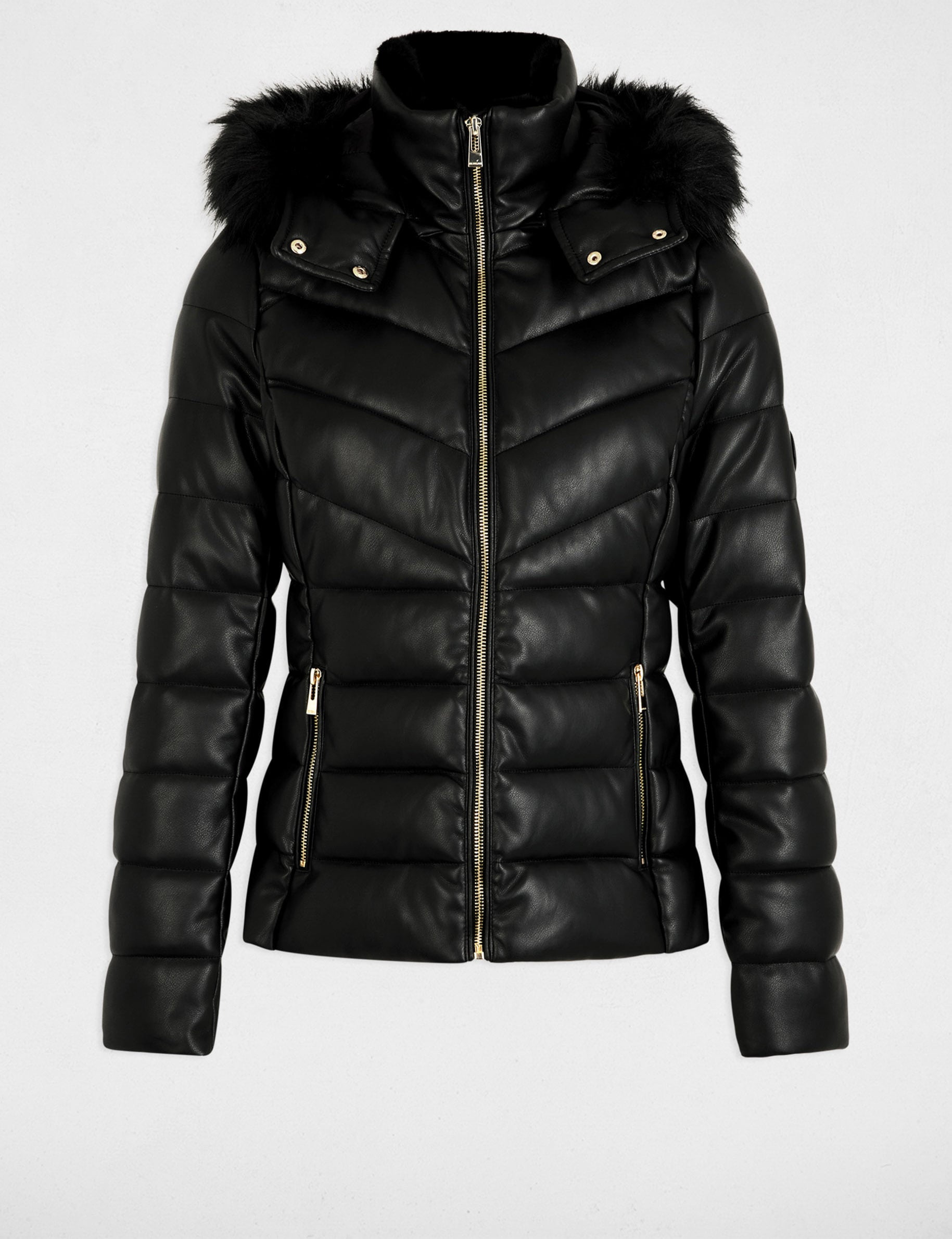Doudoune simili cuir capuche noir femme