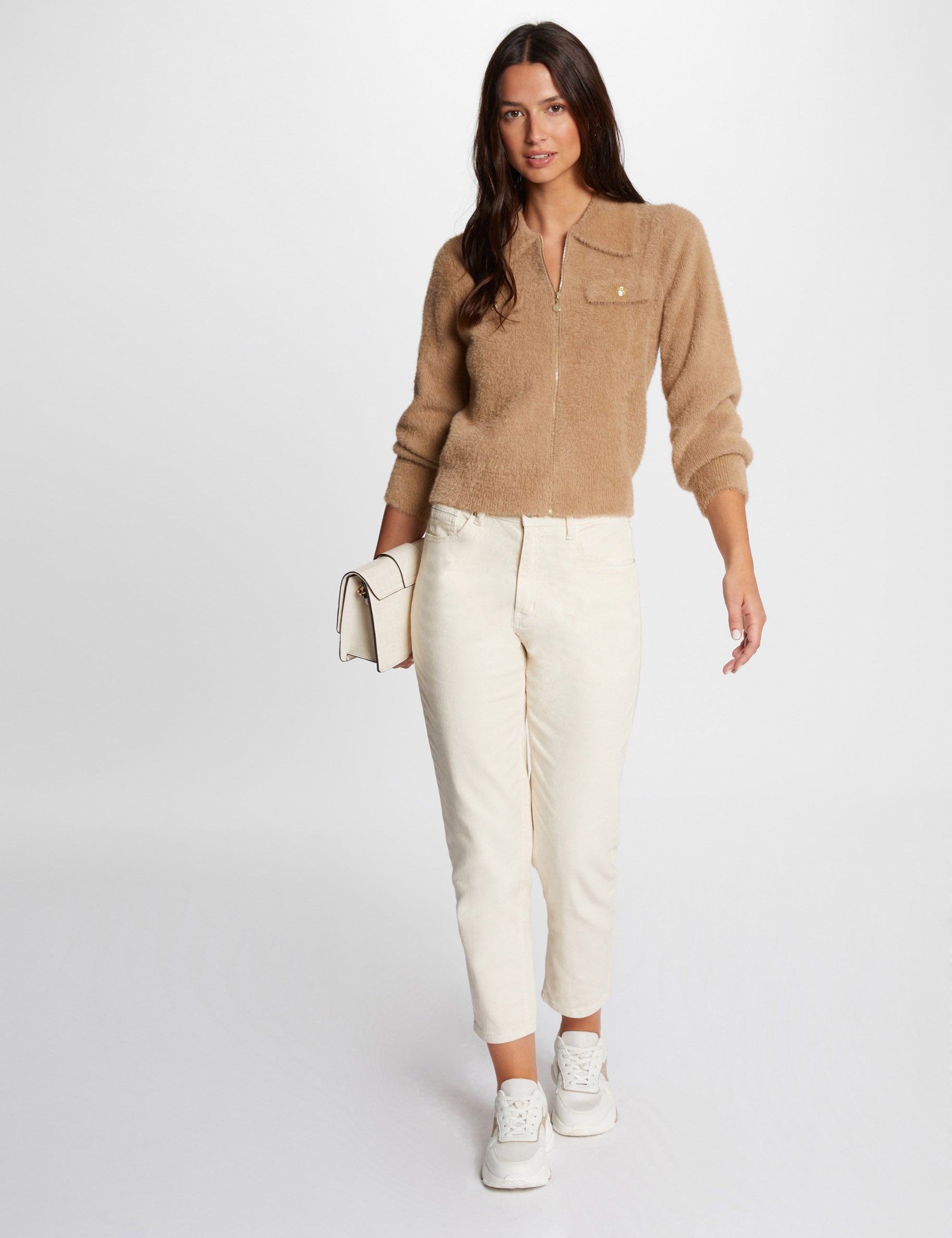Gilet manches longues col &agrave; revers camel femme