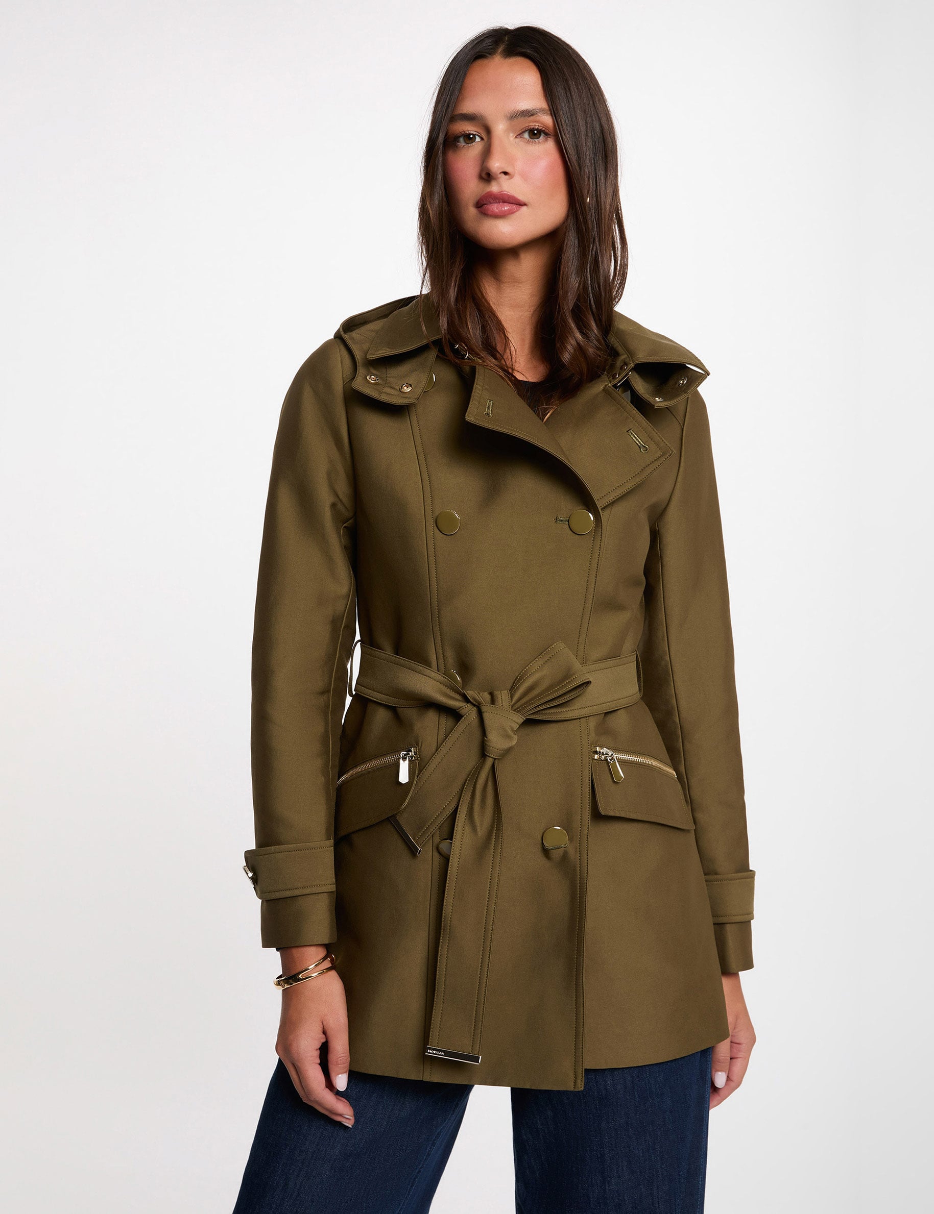 Trench cintr&eacute; ceintur&eacute; &agrave; capuche vert kaki femme