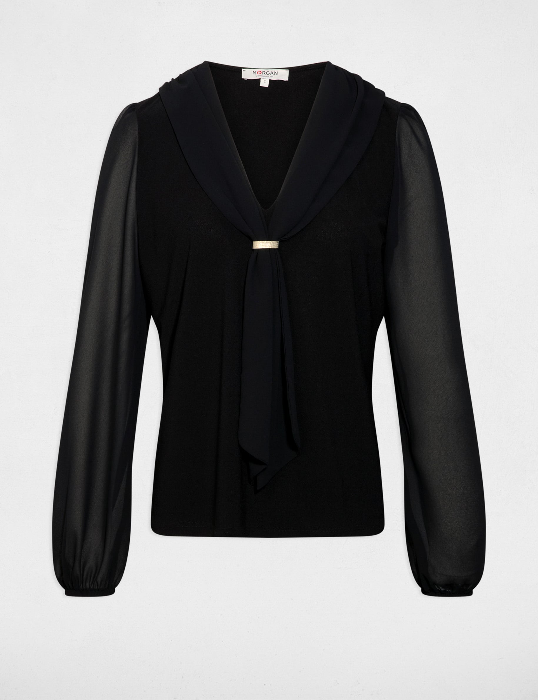 T-shirt voile col lavalli&egrave;re noir femme