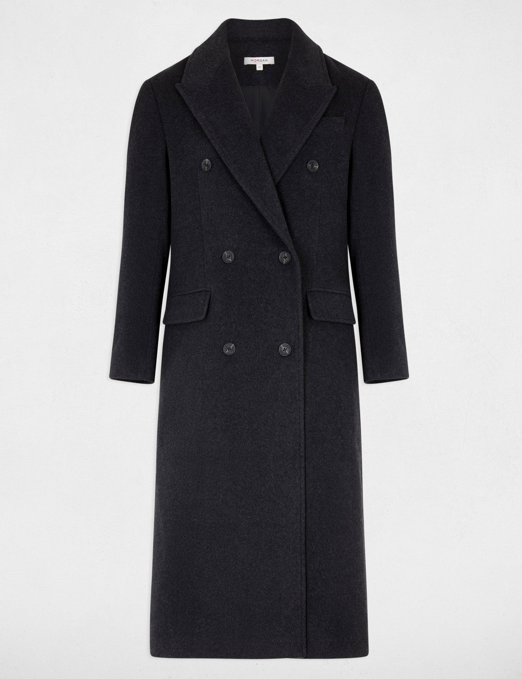 Manteau long col tailleur denim gris fonce femme