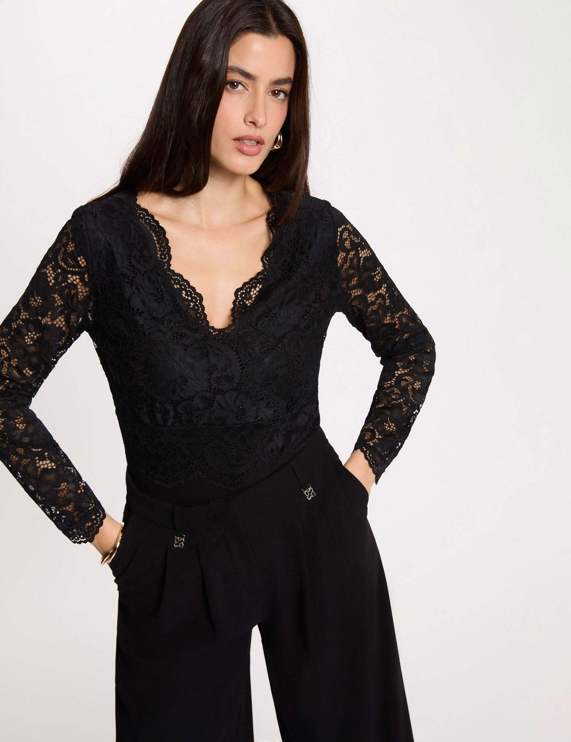 Body dentelle col v noir femme