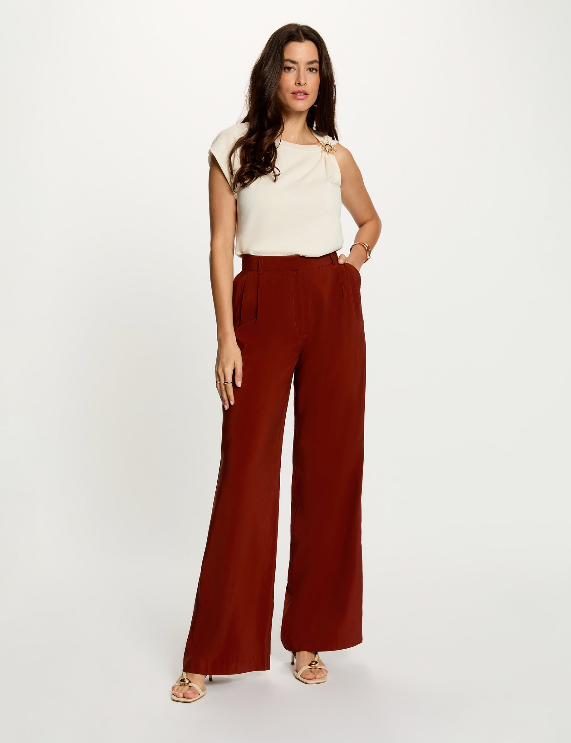Pantalon large fluide marron cognac femme