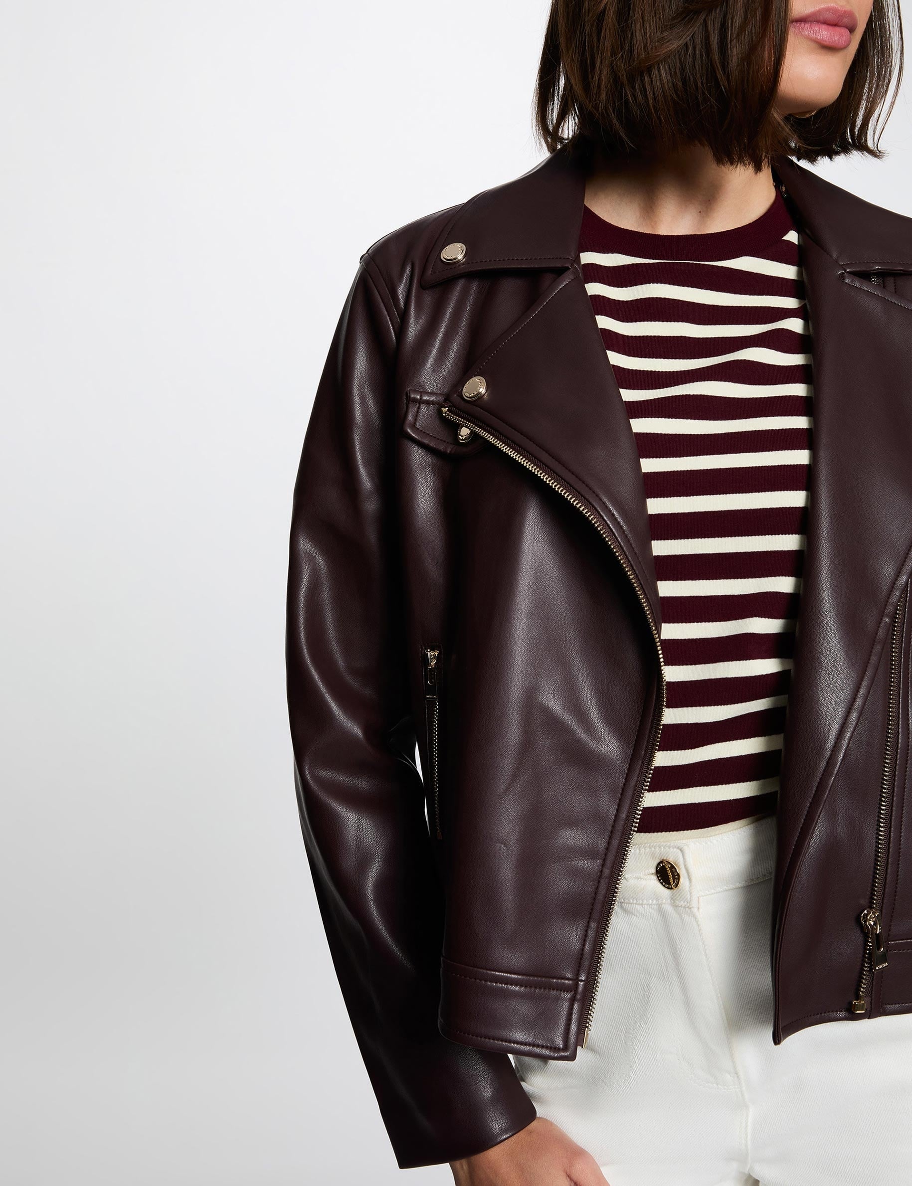 Blouson similicuir ajust&eacute; bordeaux femme