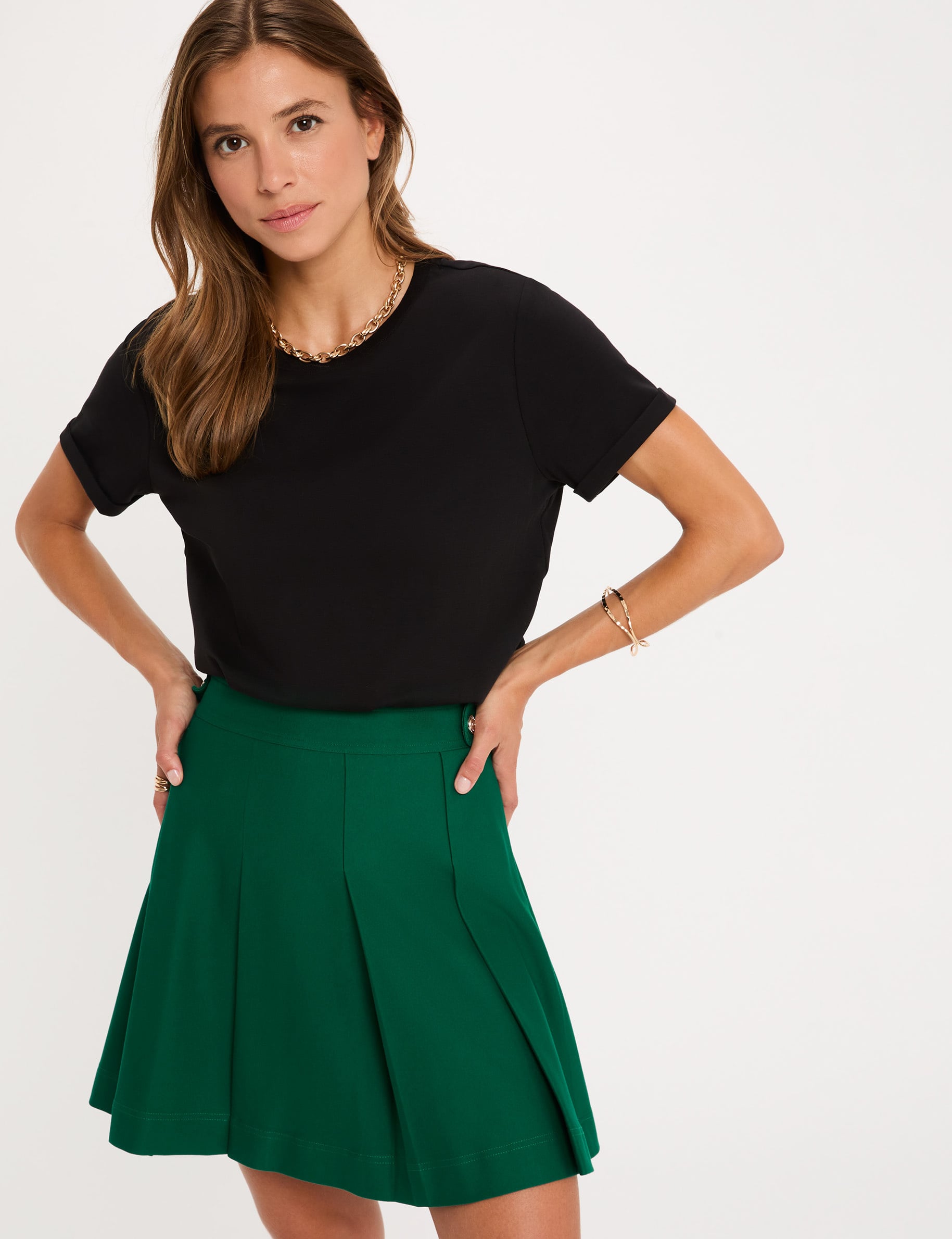 Jupe courte &agrave; plis vert femme