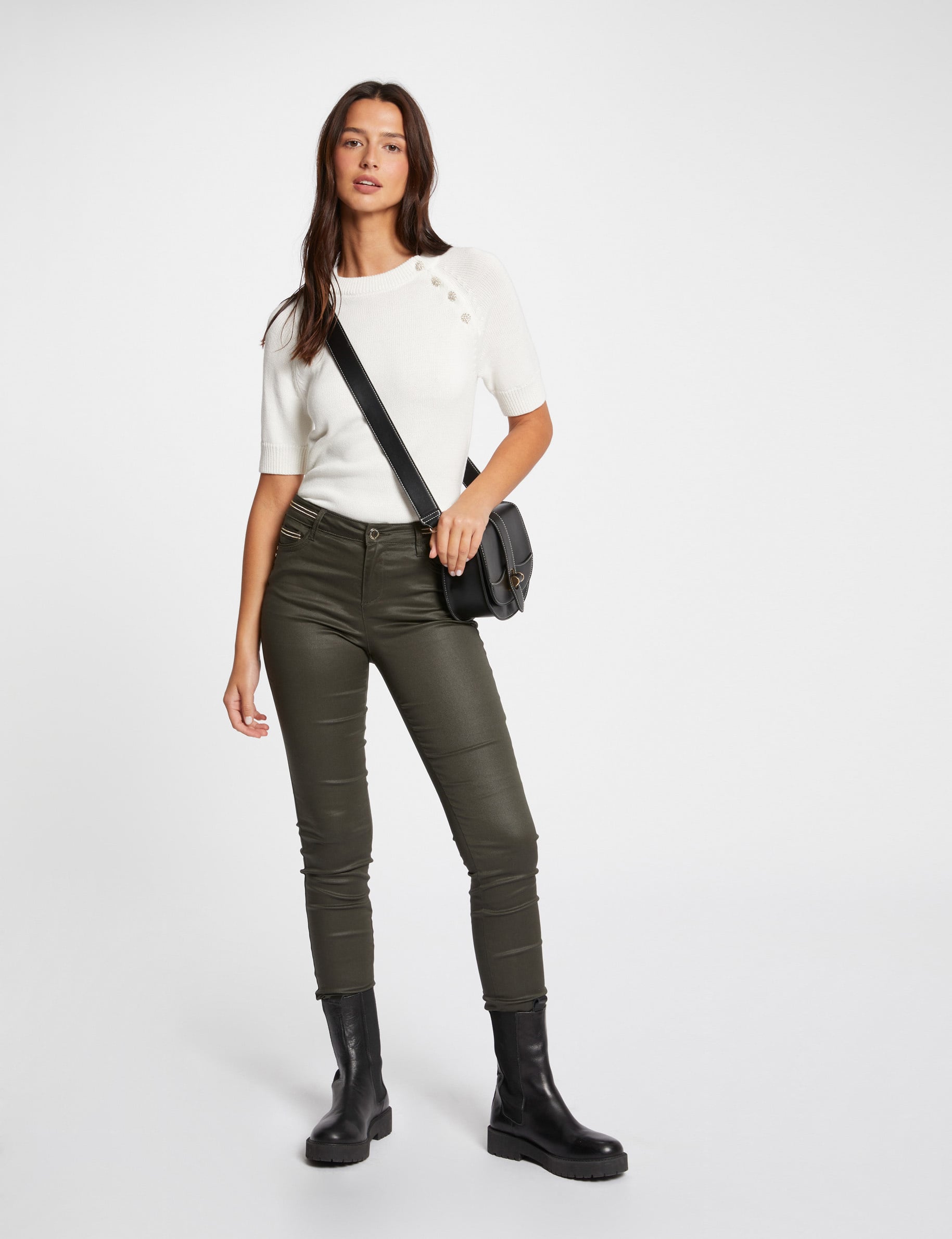 Pantalon slim enduit vert fonc&eacute; femme