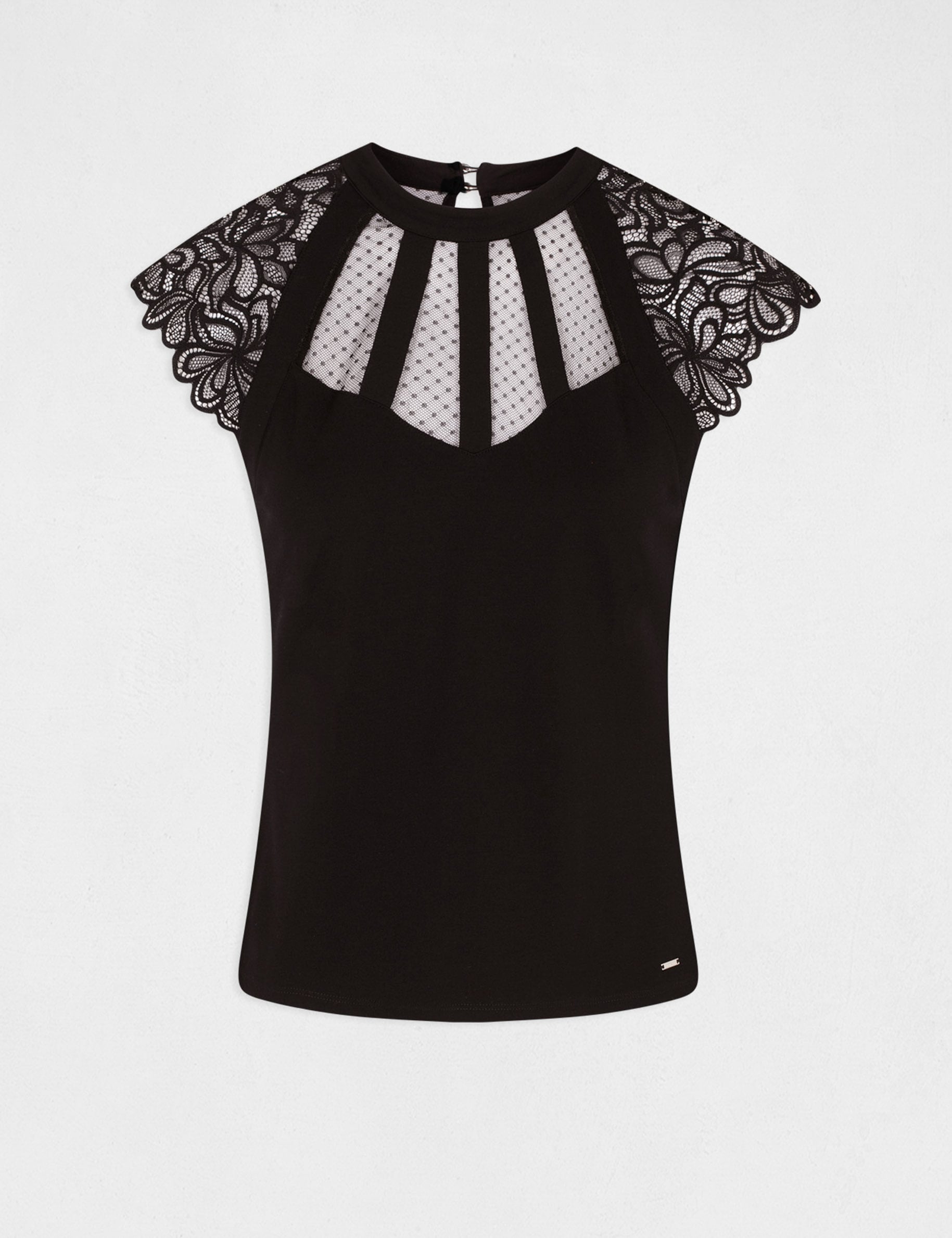 T-shirt manches courtes &agrave; dentelle noir femme