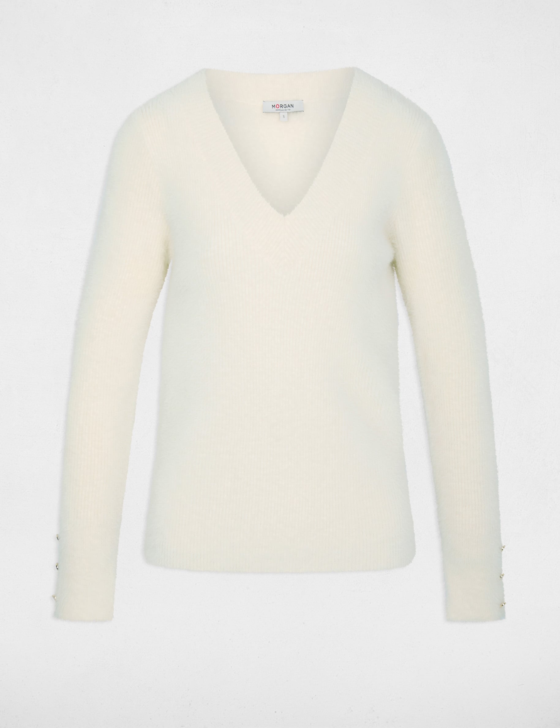 Pull col v manches longues ivoire femme