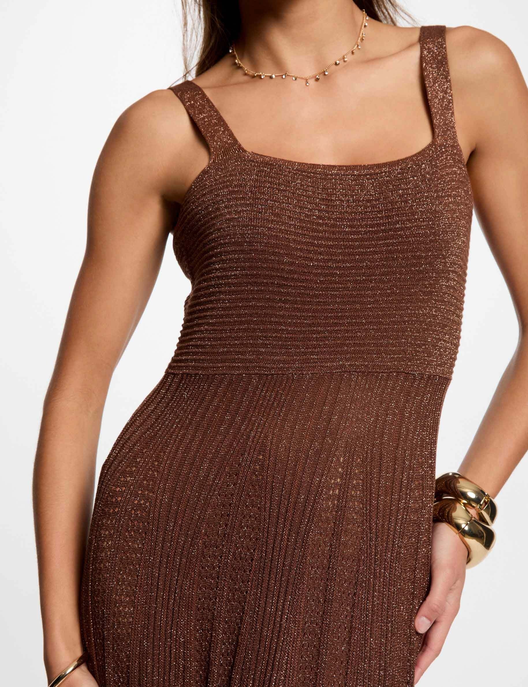 Robe tricot longue droite marron cognac femme