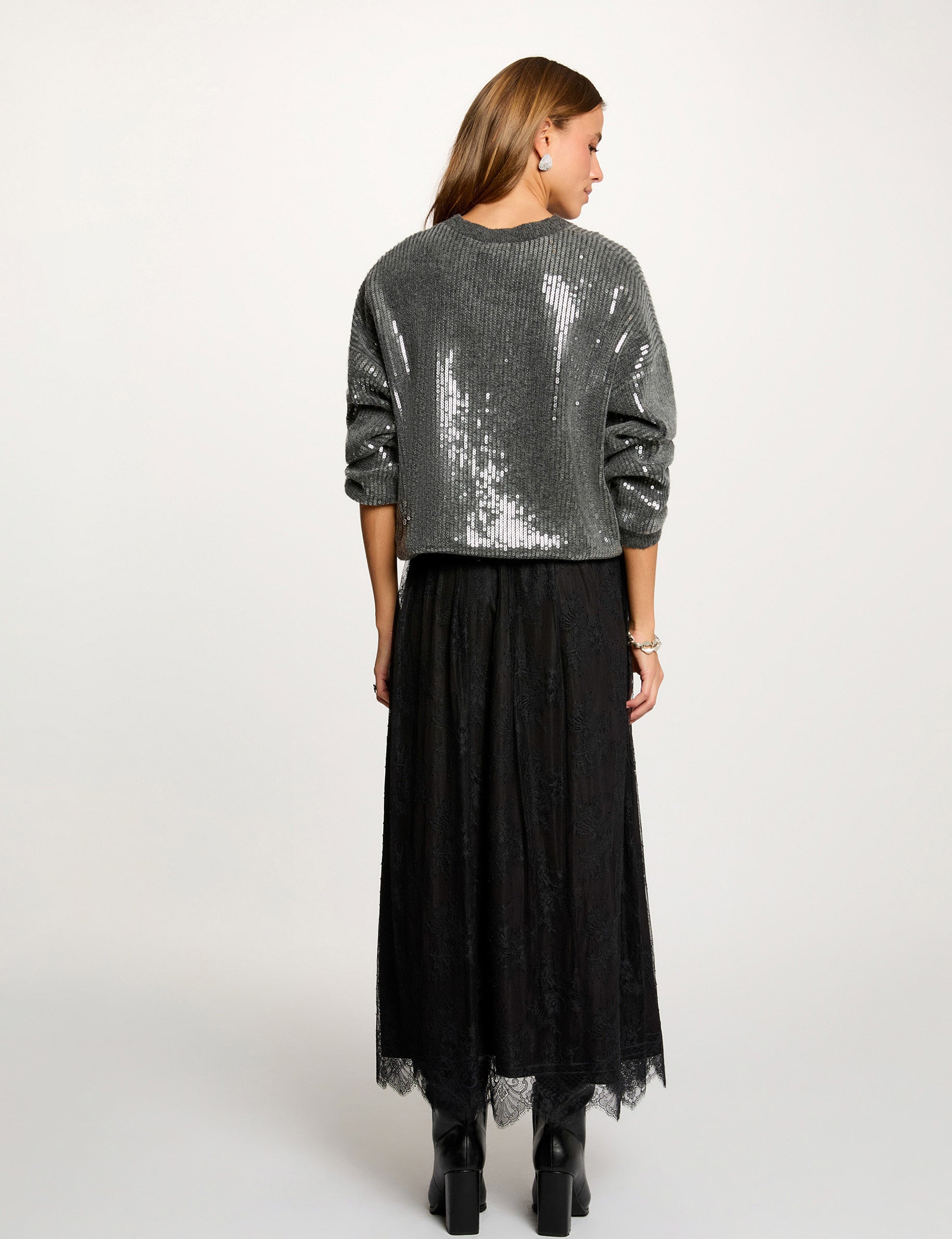 Pull sequins col rond gris fonc&eacute; femme