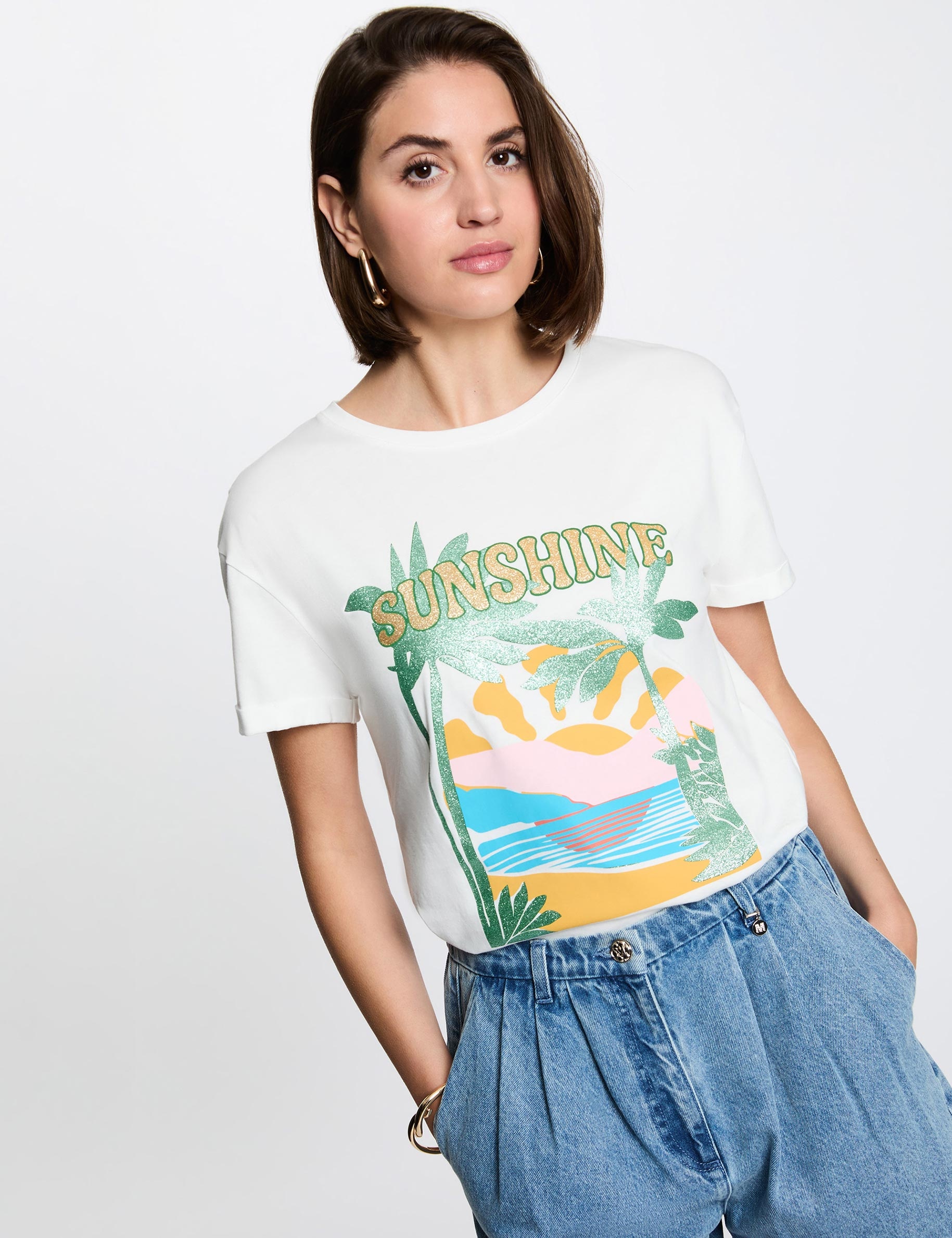 T-shirt imprim&eacute; col rond blanc femme