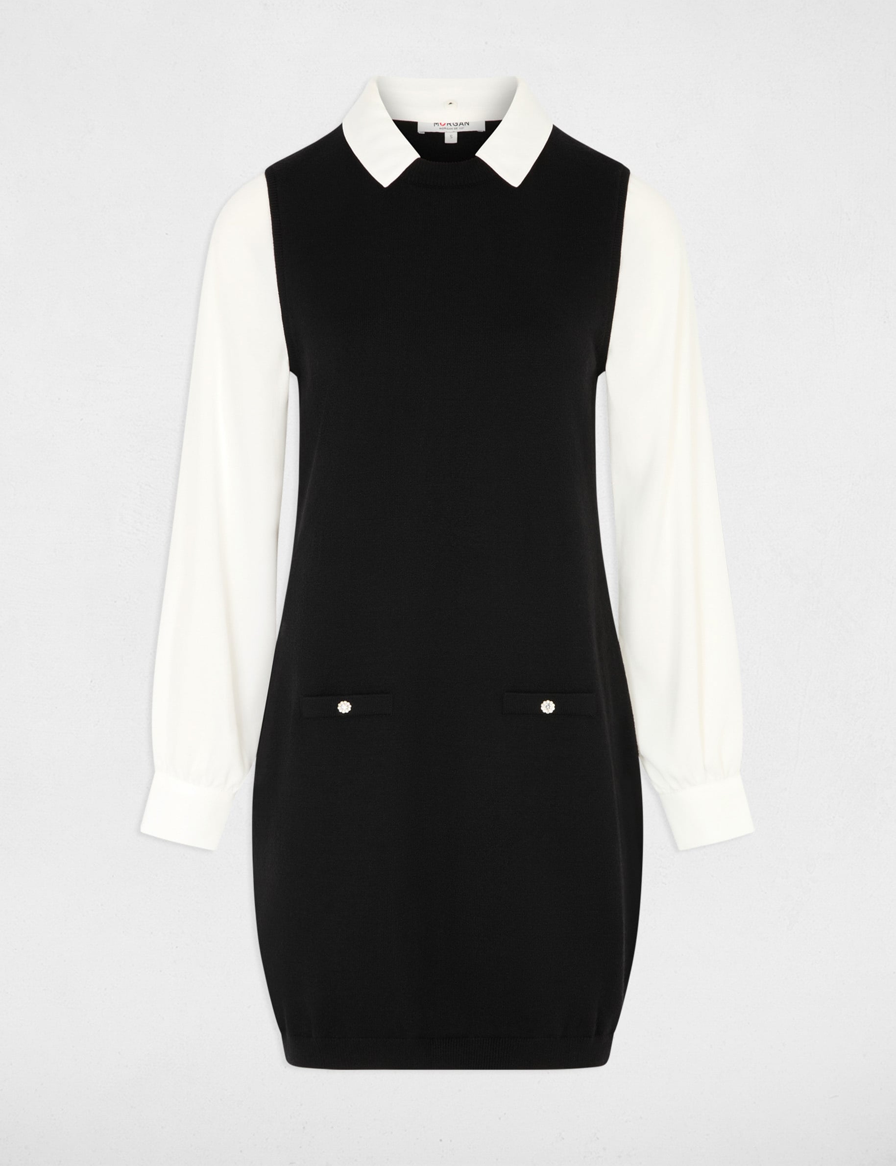 Robe tricot col &agrave; revers noir femme