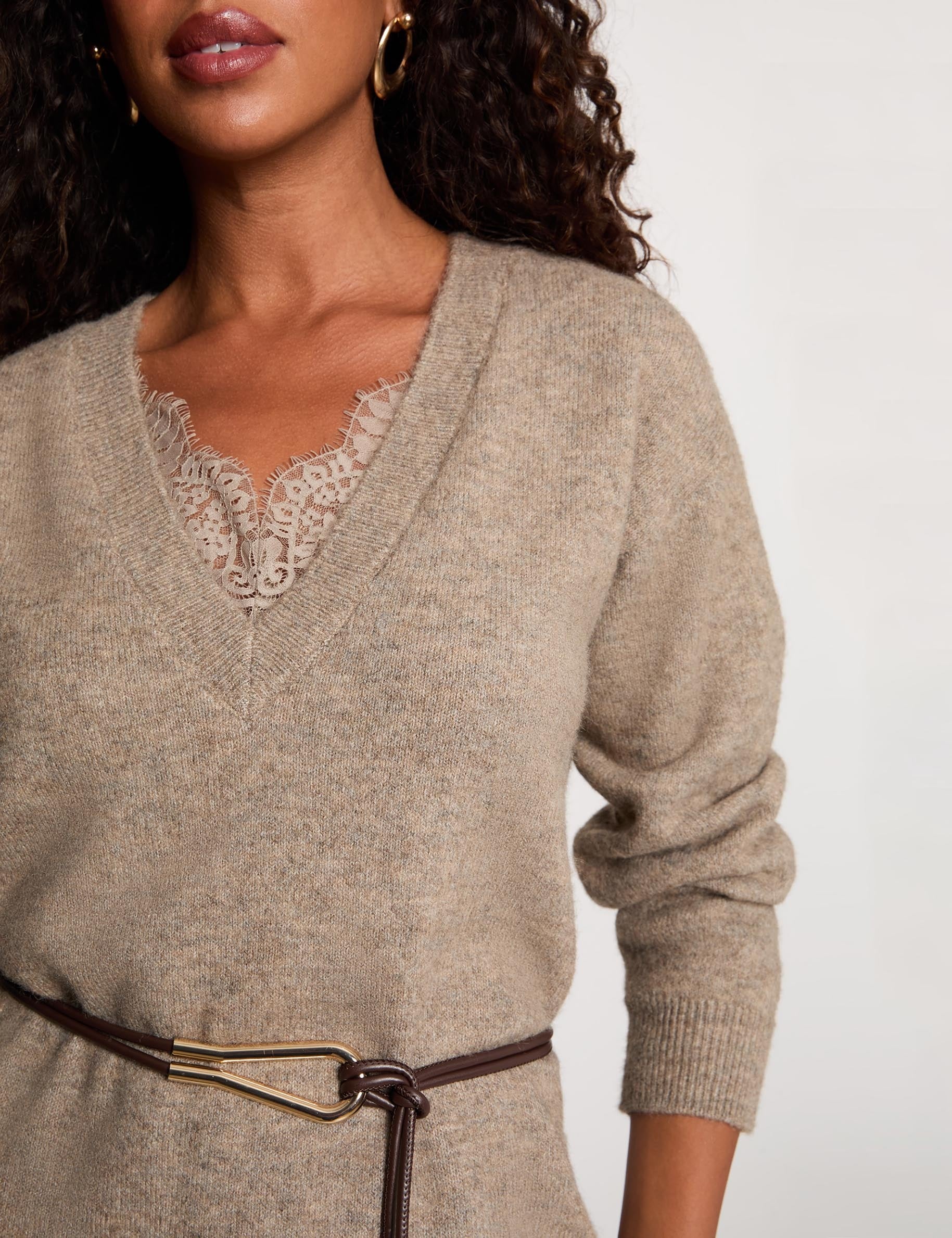 Robe tricot col v taupe femme