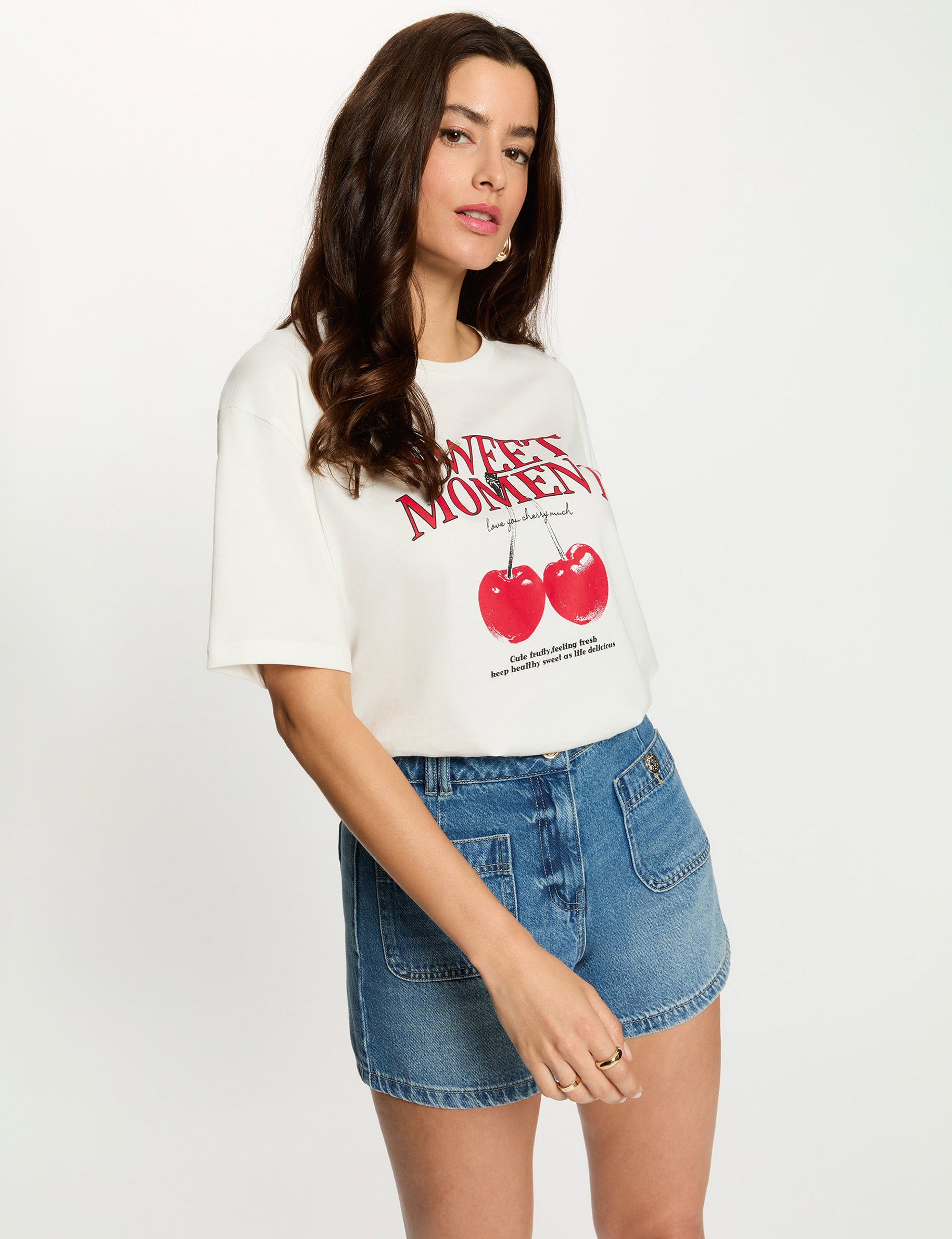 T-shirt imprim&eacute; col rond blanc femme