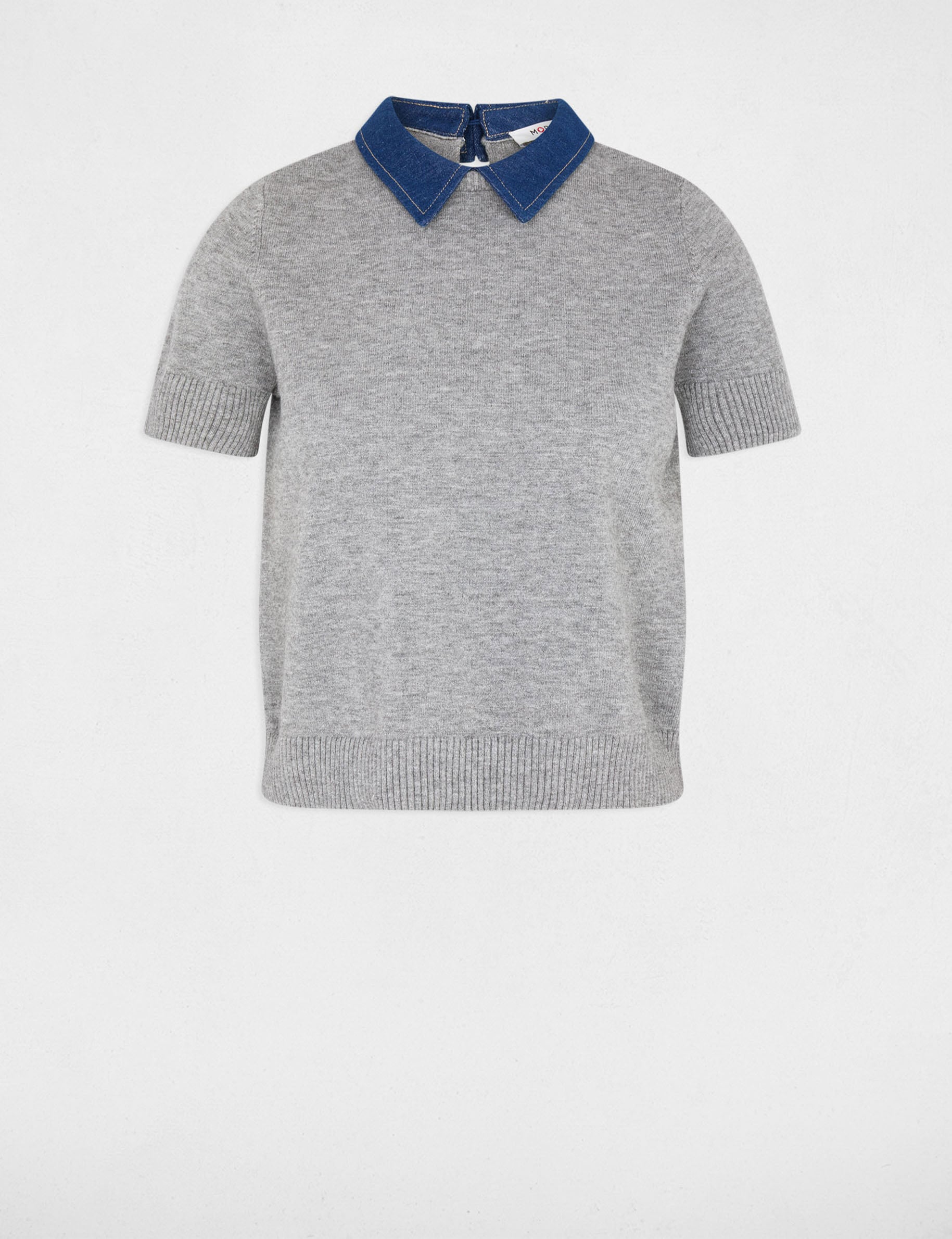 Pull col &agrave; revers gris clair femme