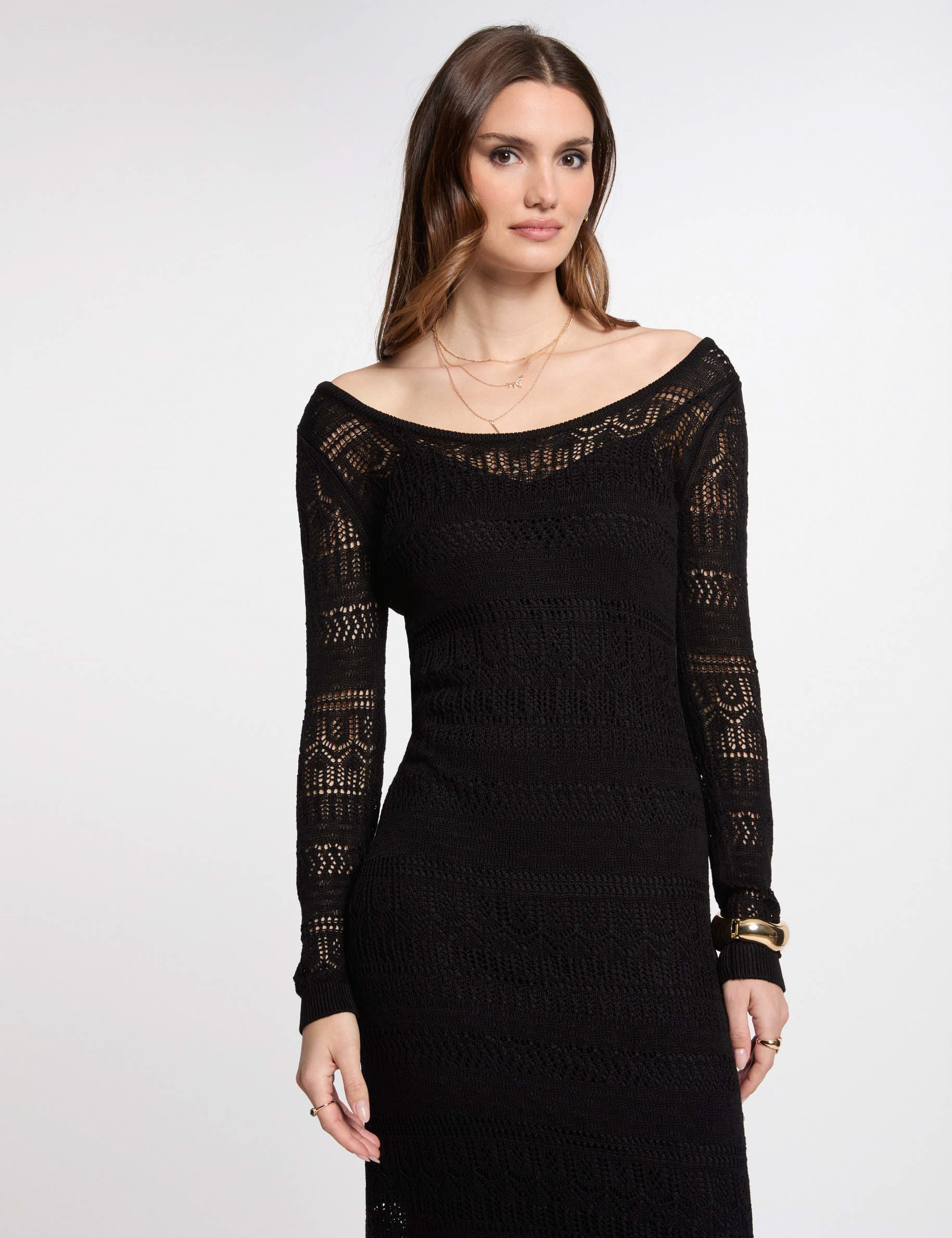 Robe tricot longue ajust&eacute;e noir femme