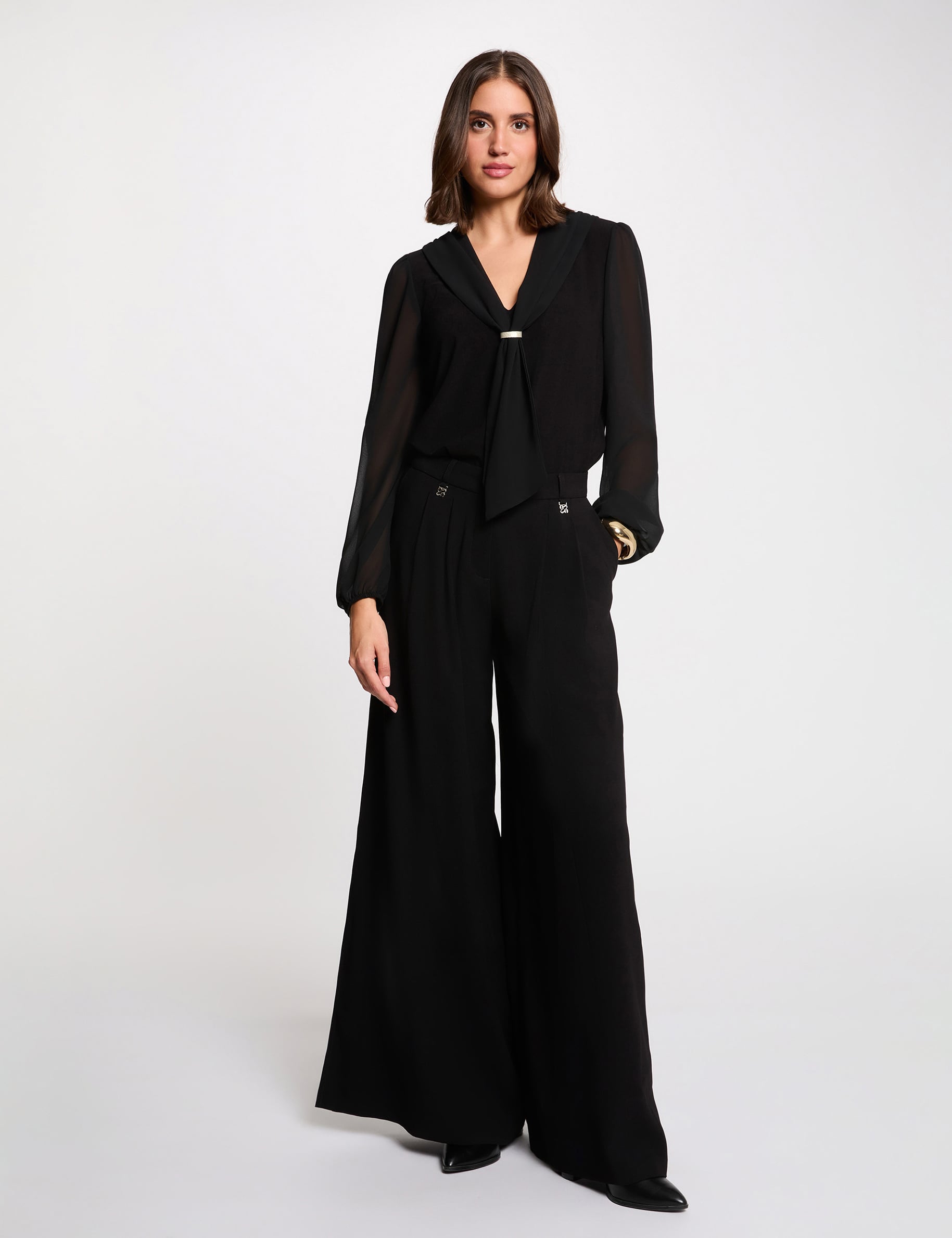 T-shirt voile col lavalli&egrave;re noir femme