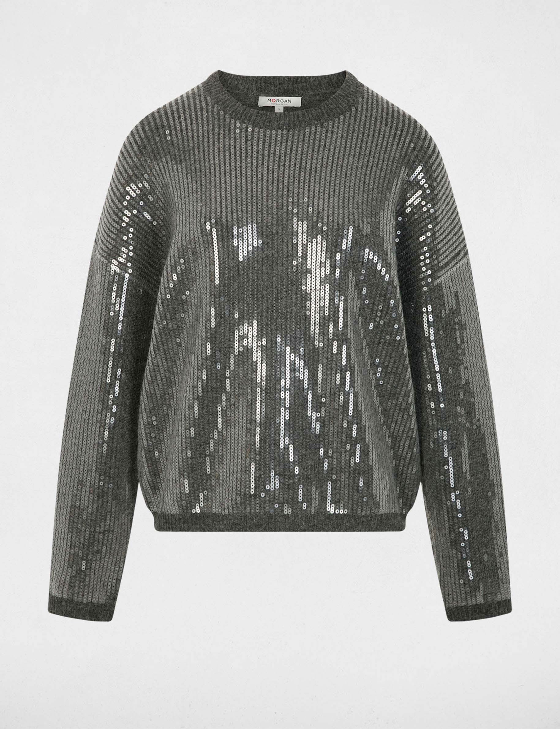 Pull sequins col rond gris fonc&eacute; femme