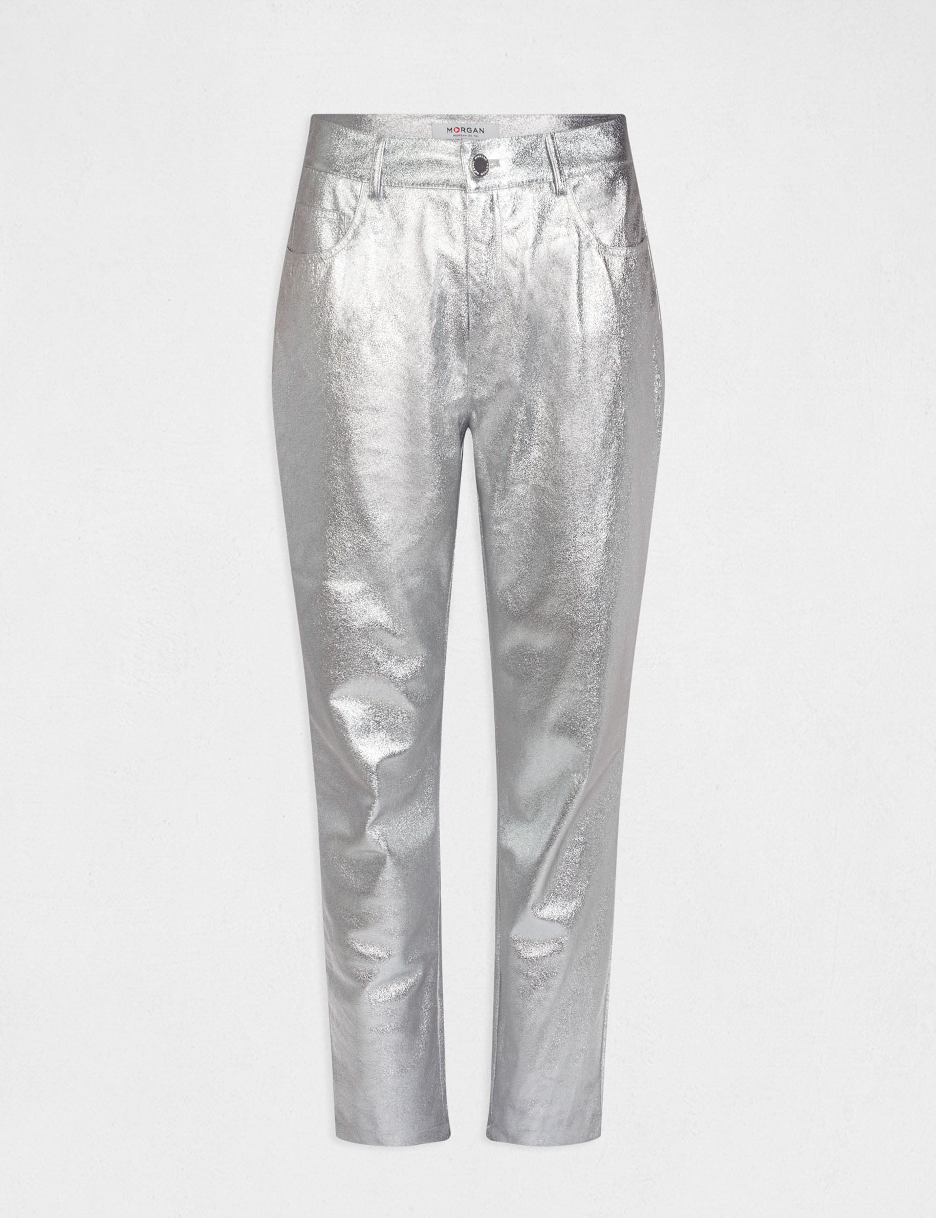 Pantalon droit simili cuir m&eacute;tallis&eacute; argente femme