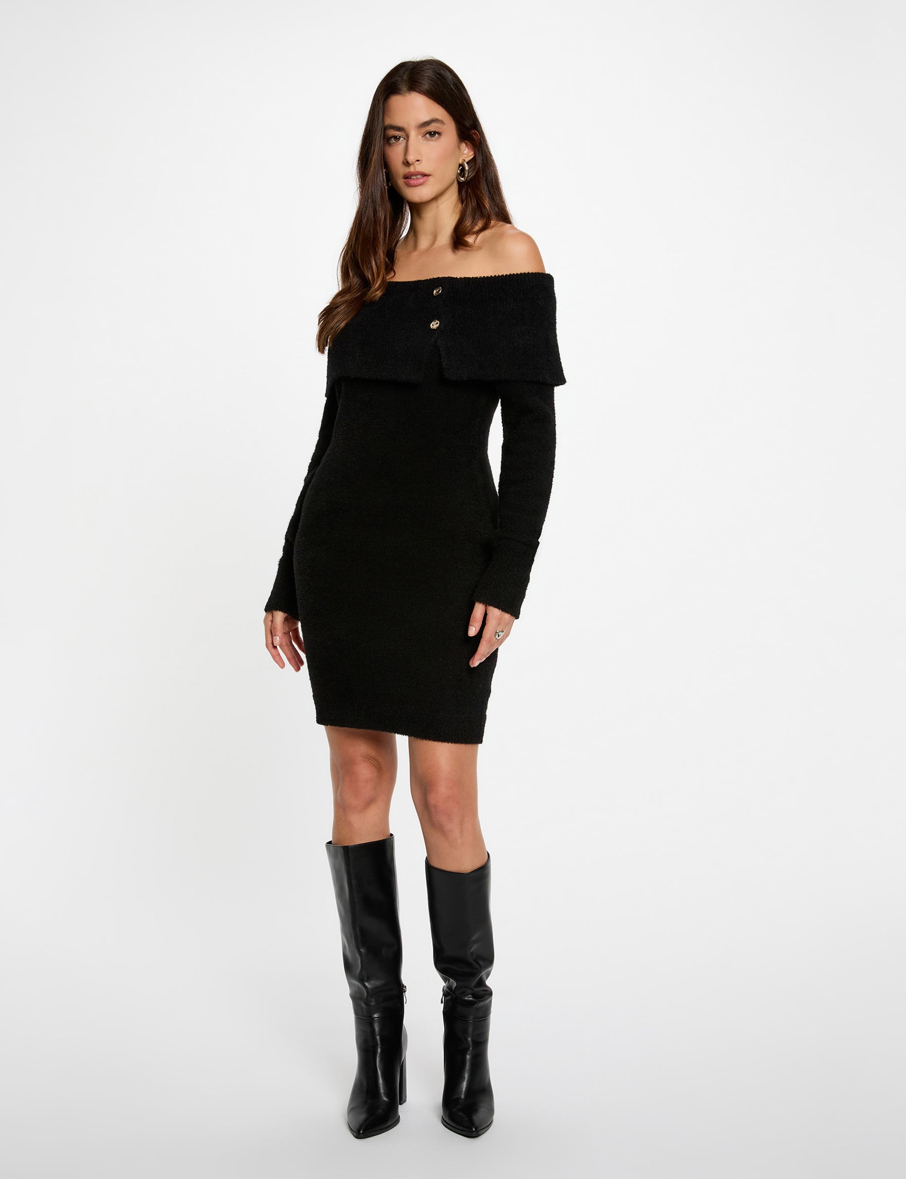 Robe tricot col bardot noir femme