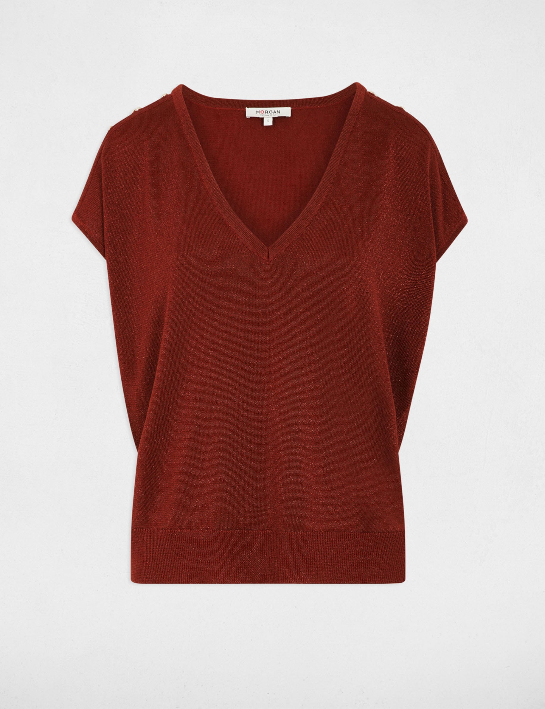 Pull oversize col v marron cognac femme