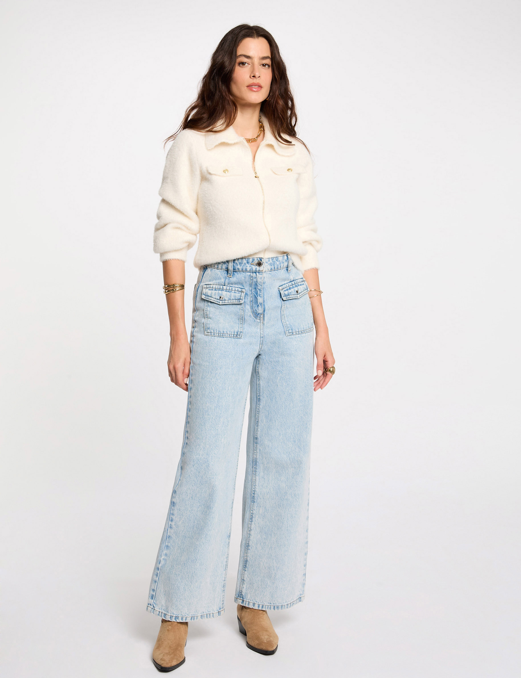 Gilet manches longues col &agrave; revers ivoire femme