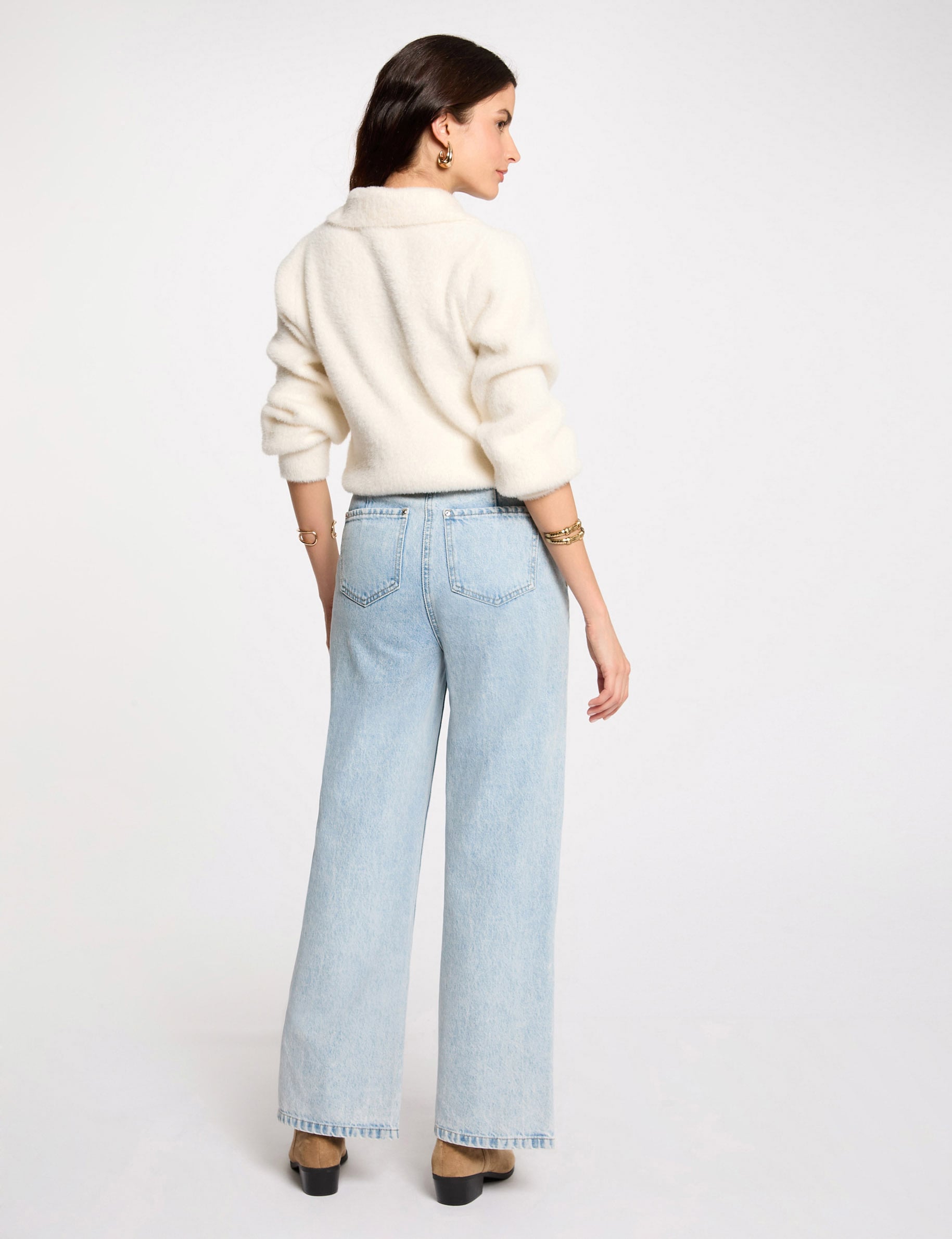 Gilet manches longues col &agrave; revers ivoire femme