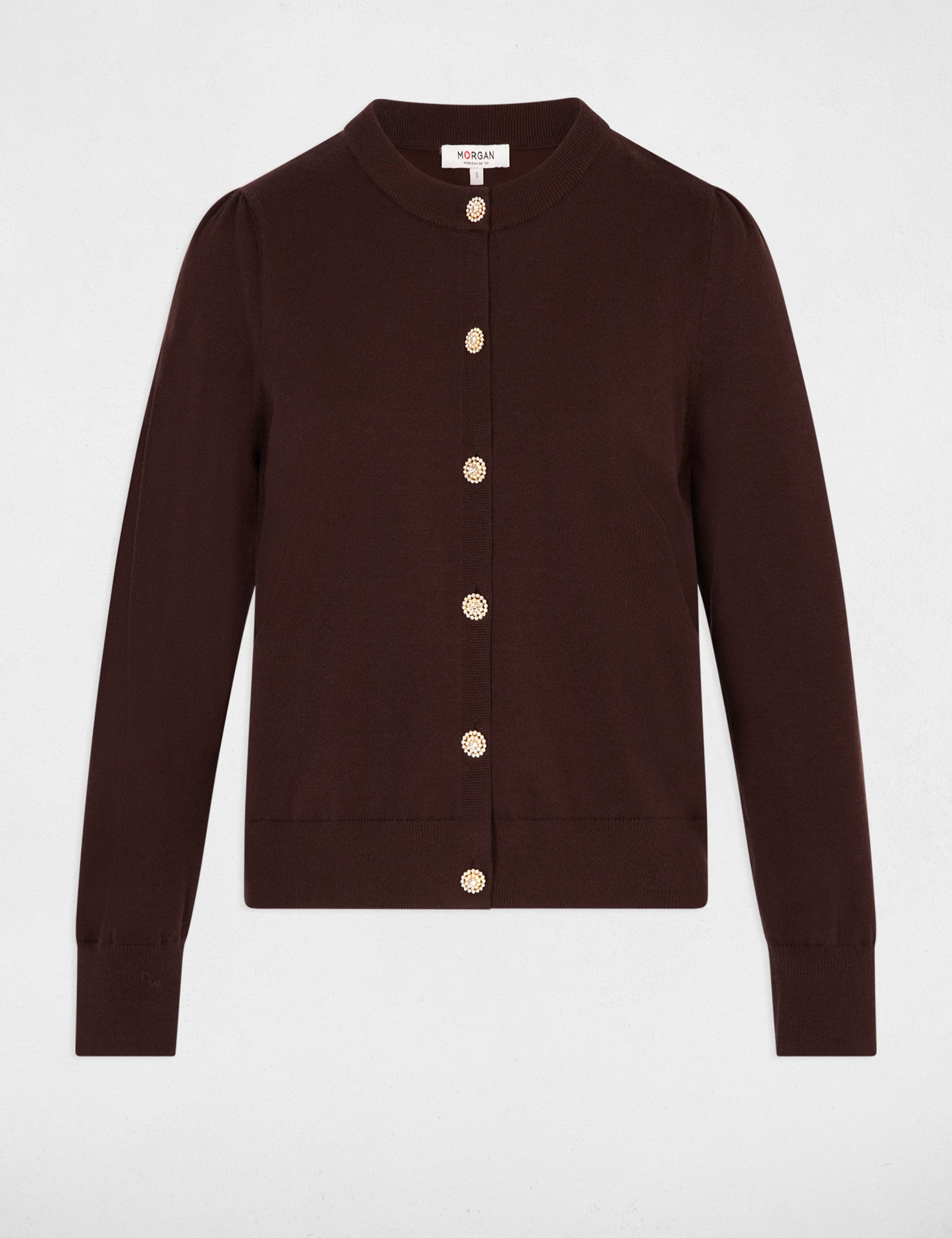 Gilet tricot col rond marron fonc&eacute; femme