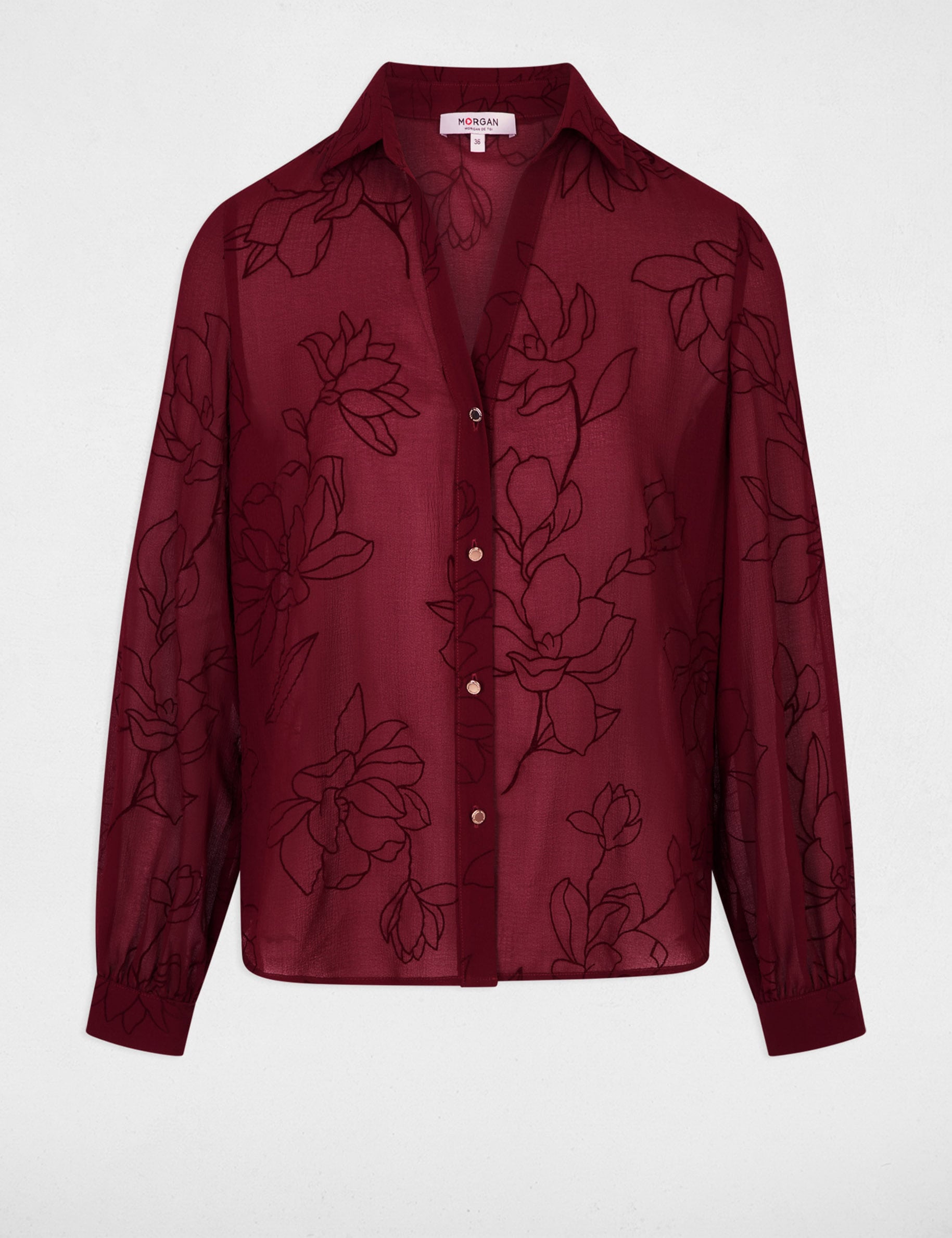 Chemise voile imprim&eacute;e bordeaux femme