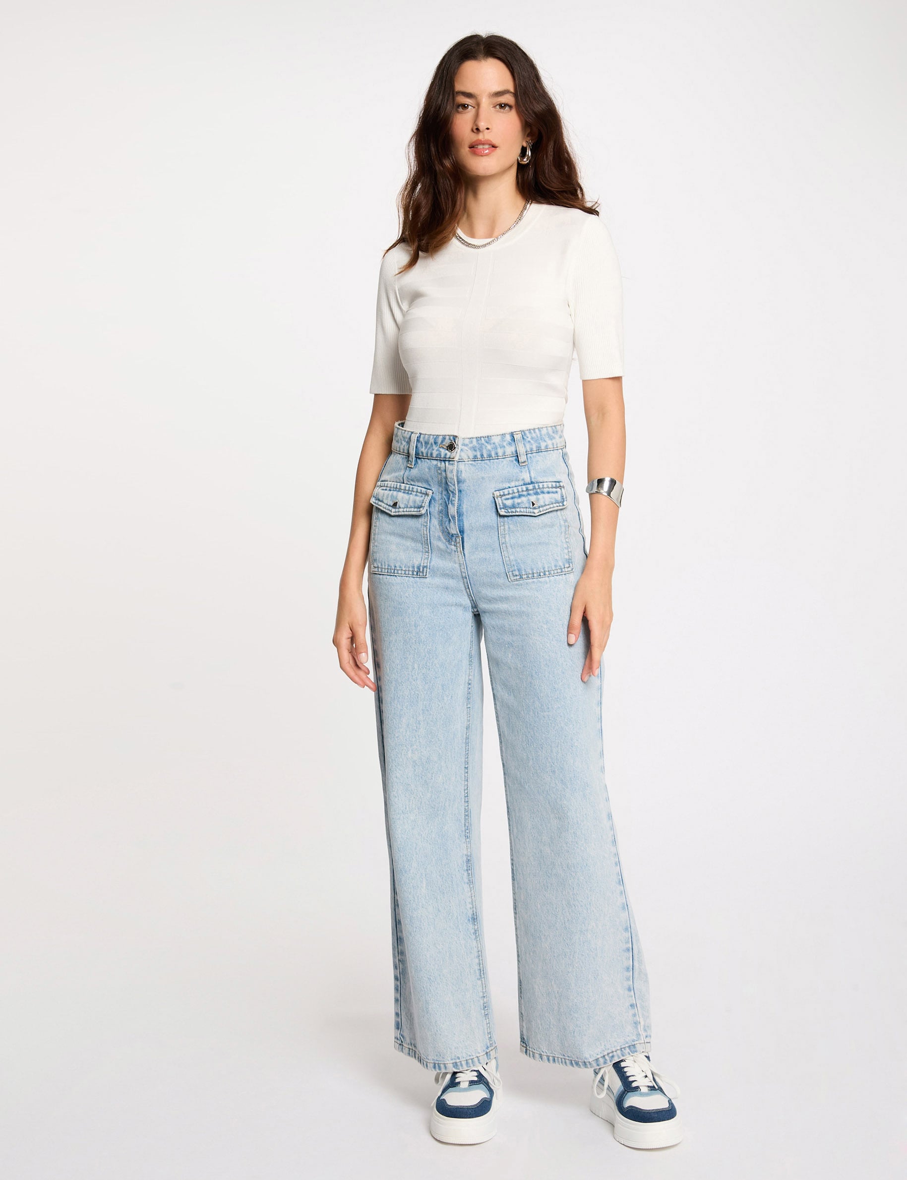 Pull col rond manches courtes ivoire femme