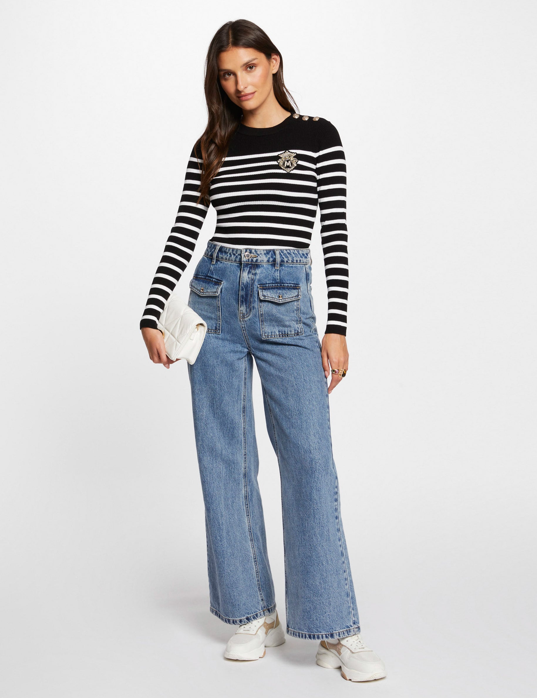 Pull manches longues &agrave; rayures noir femme
