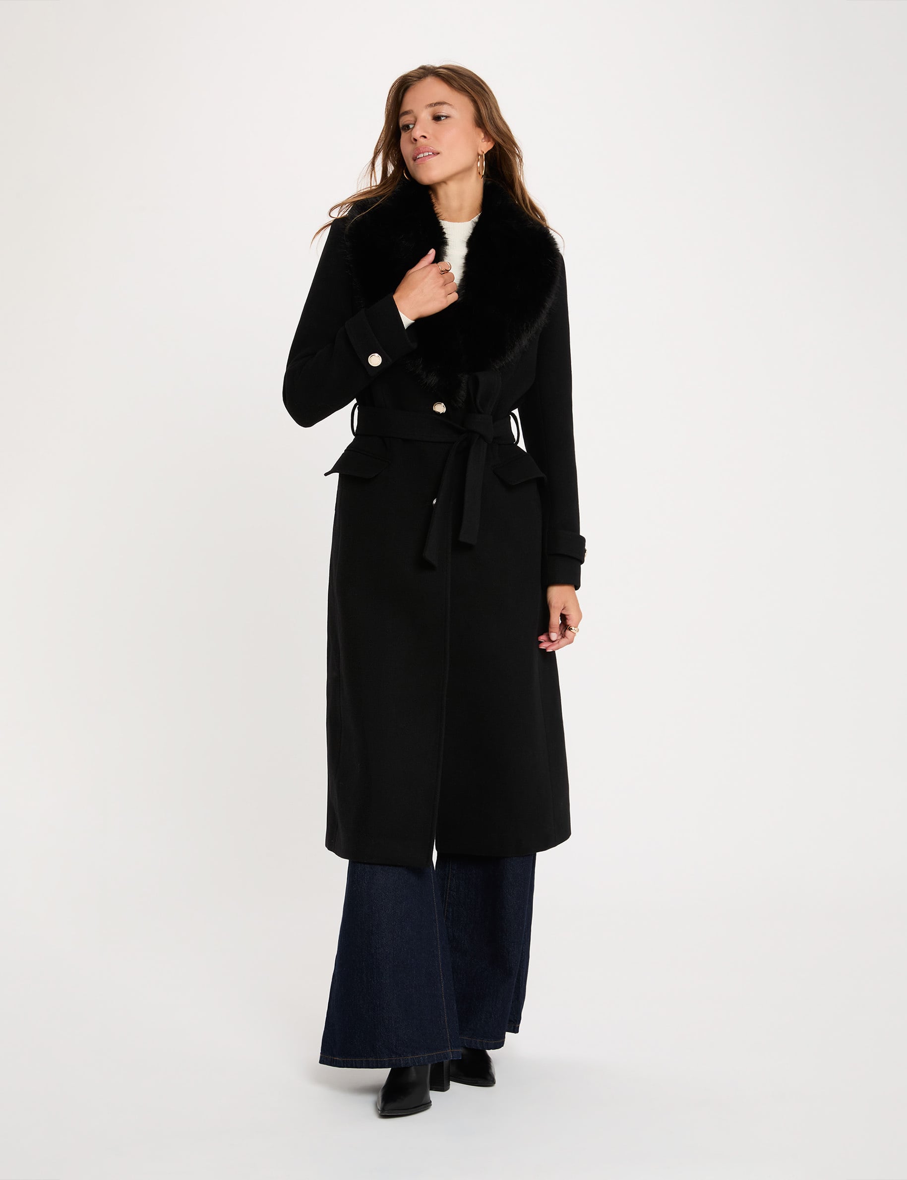 Manteau long ceintur&eacute; noir femme