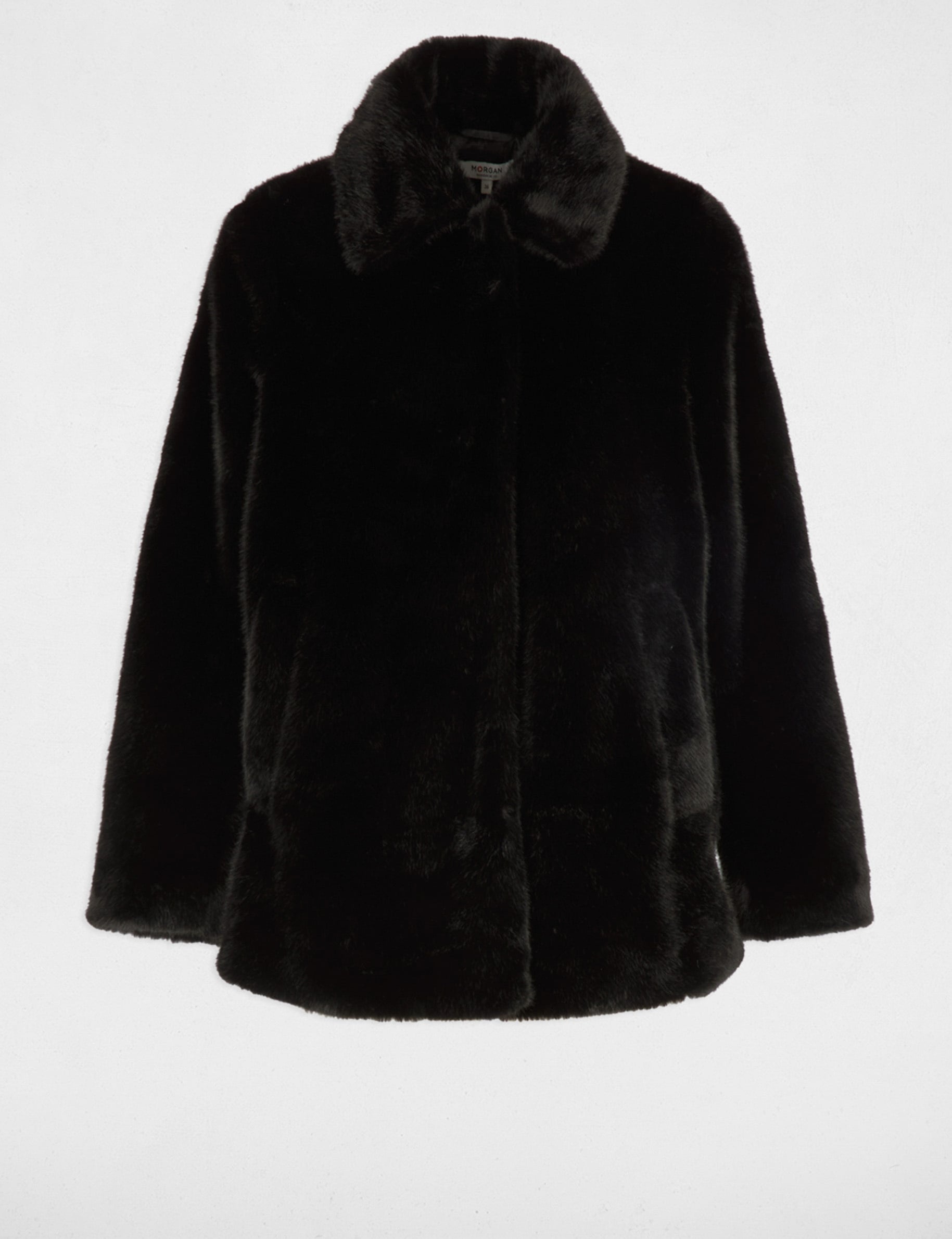 Manteau droit fausse fourrure noir femme