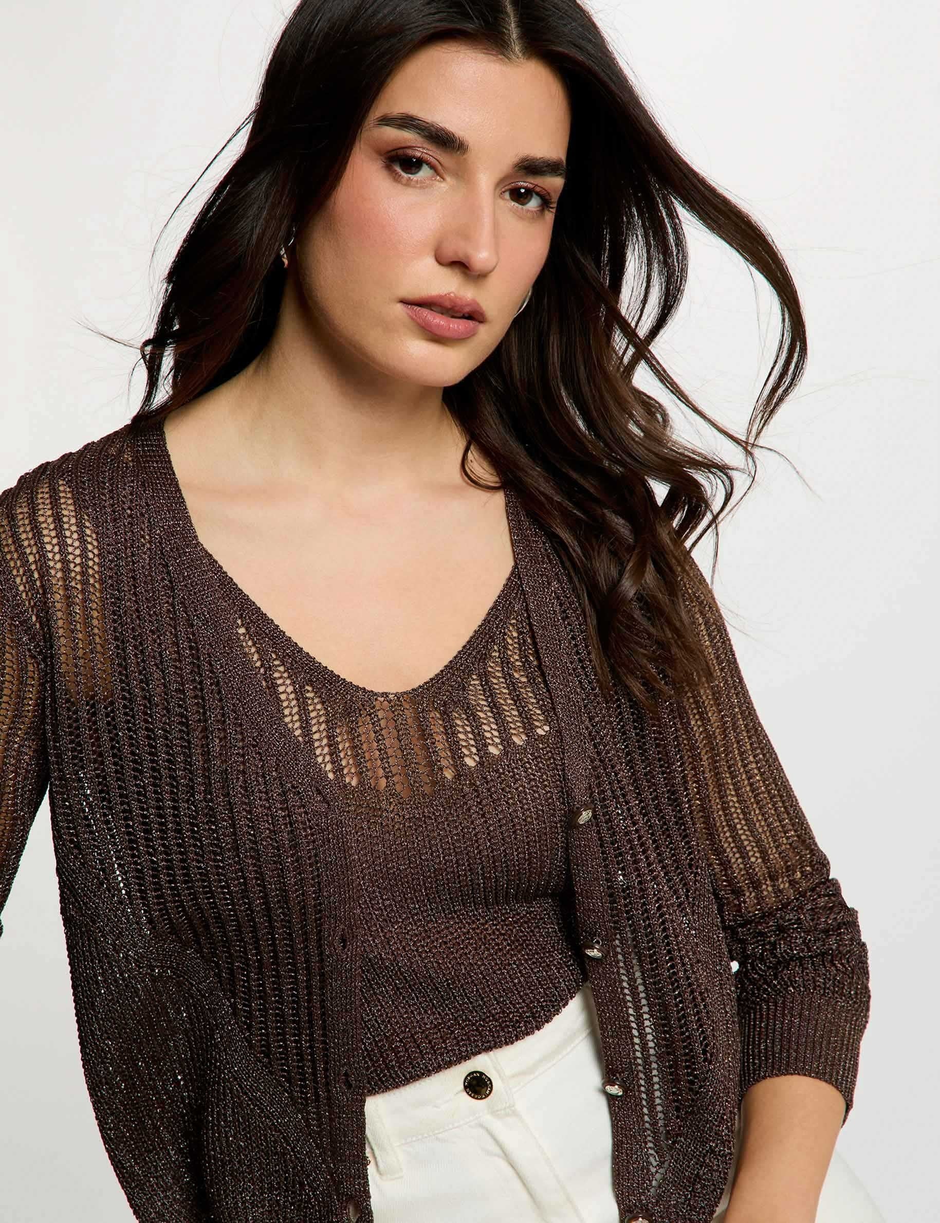 Gilet manches longues ajour&eacute; marron fonc&eacute; femme
