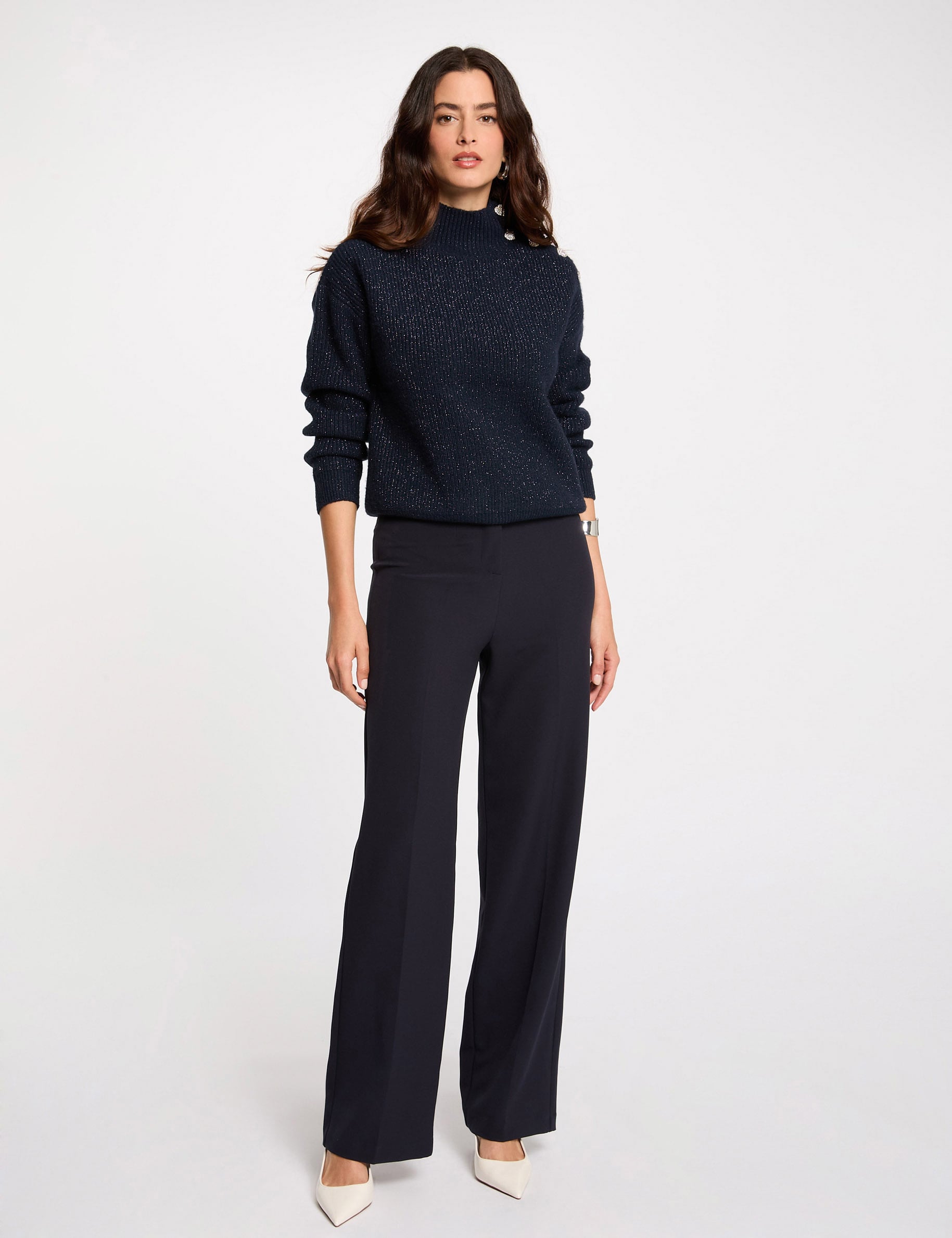 Pantalon droit &agrave; pinces bleu marine femme