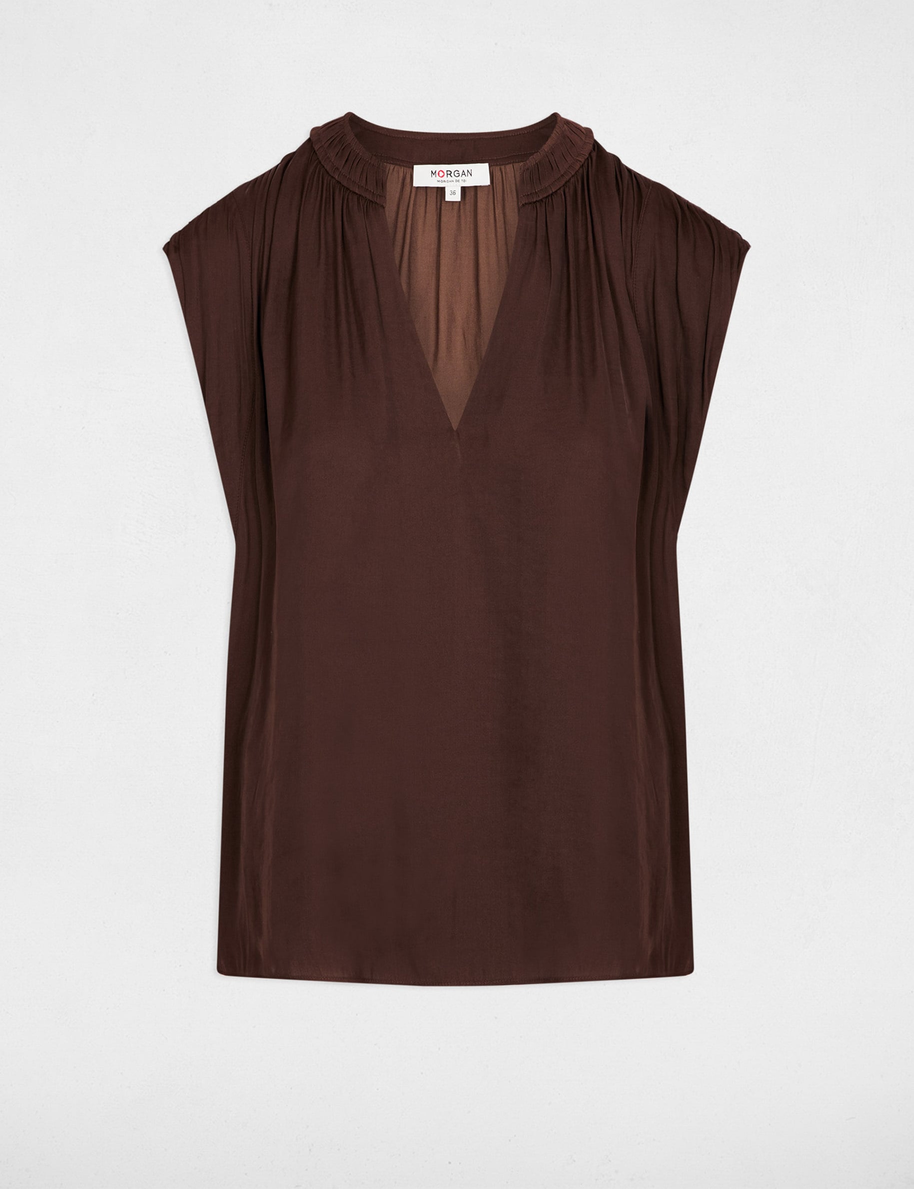 Blouse manches courtes satin marron fonc&eacute; femme