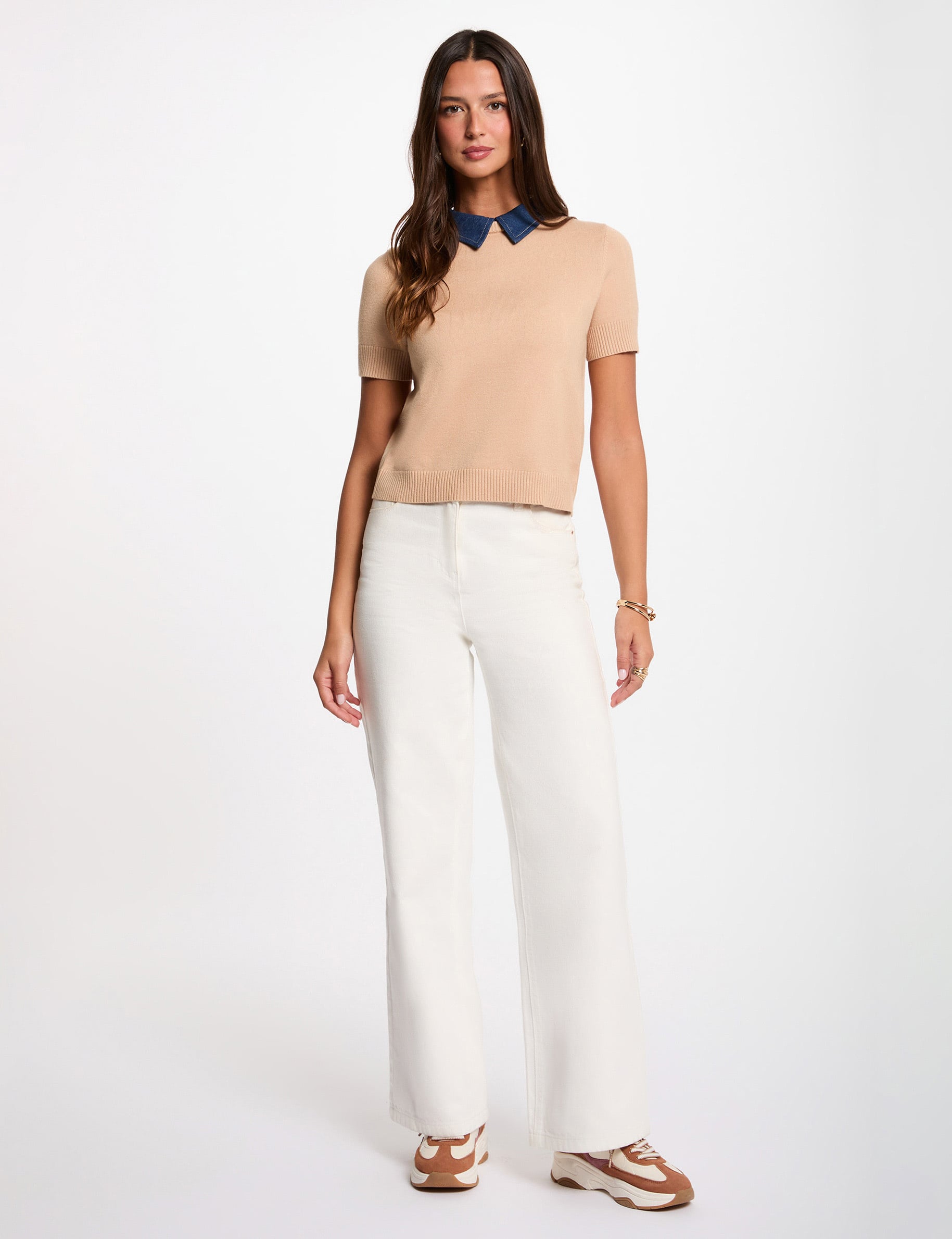 Pull col &agrave; revers camel femme