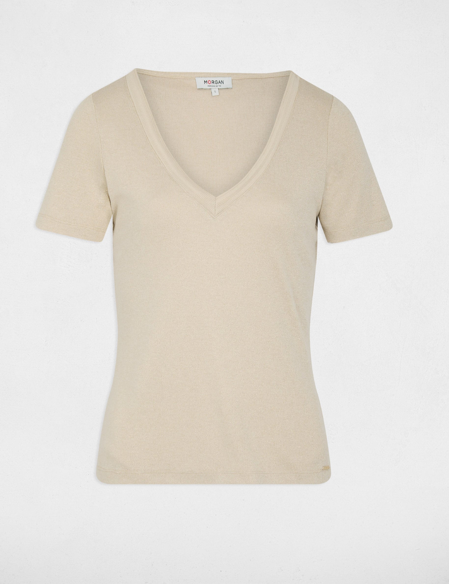 T-shirt cintr&eacute; col v ivoire femme