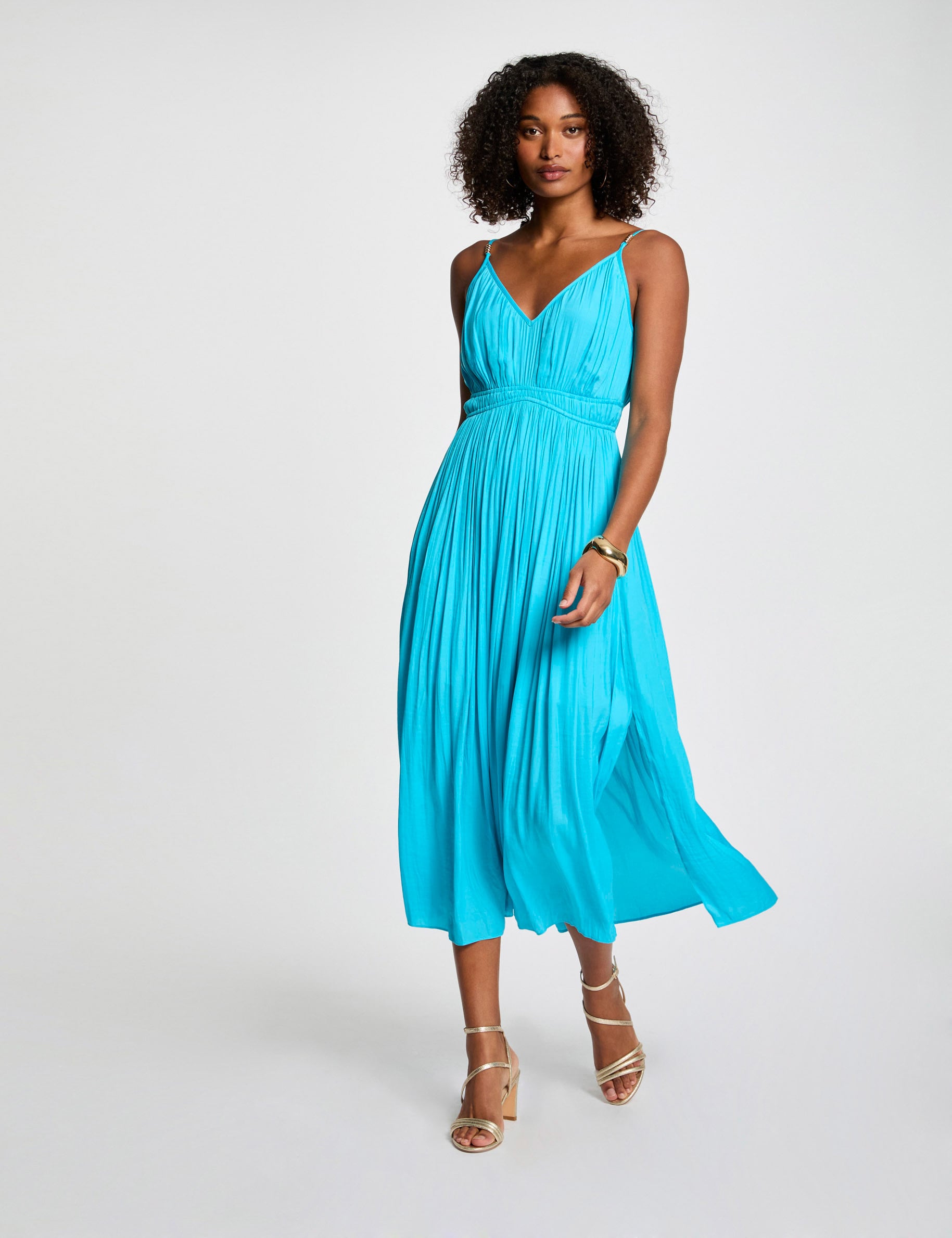 Robe midi droite pliss&eacute;e bleu ciel femme