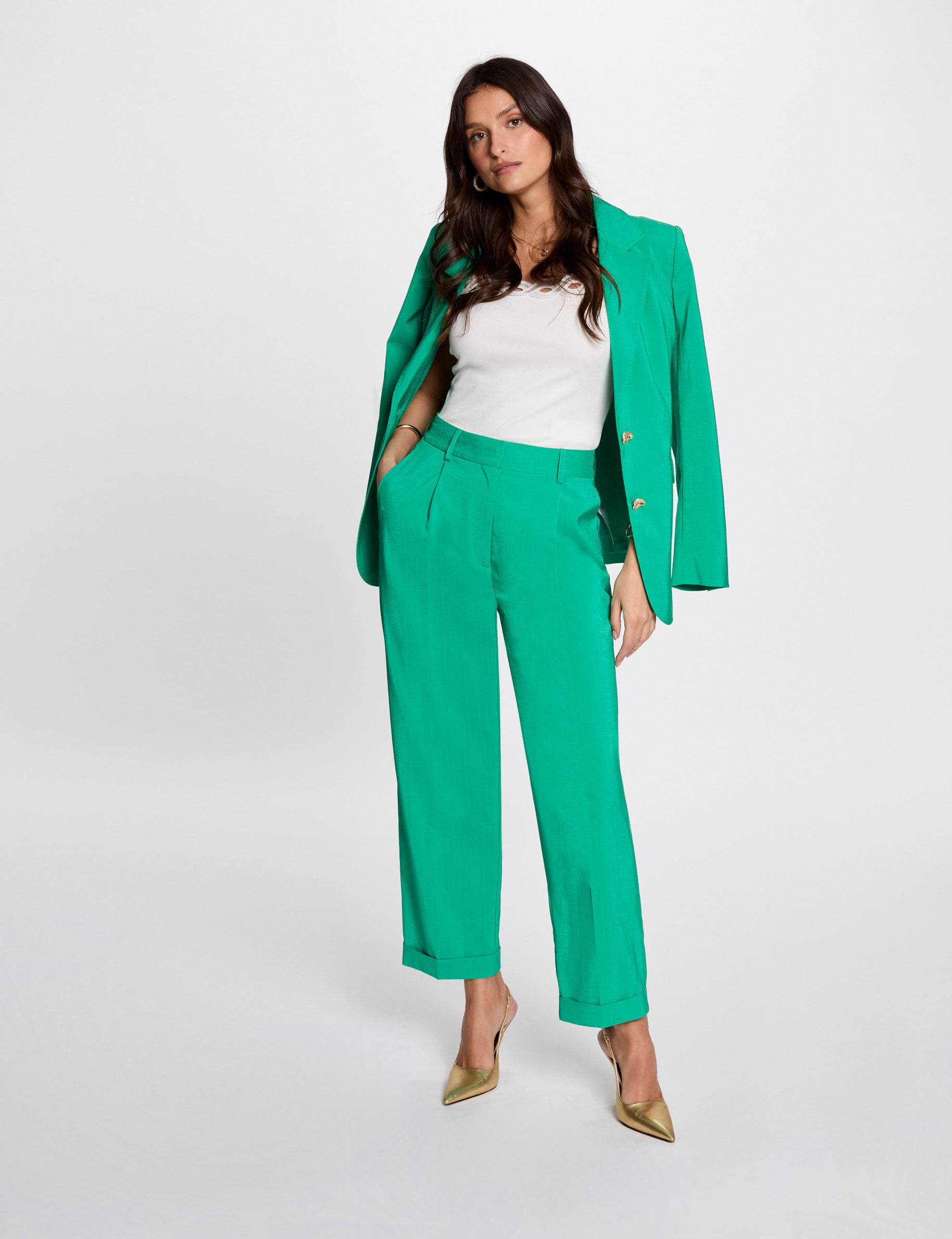 Pantalon droit &agrave; pinces vert &eacute;meraude femme