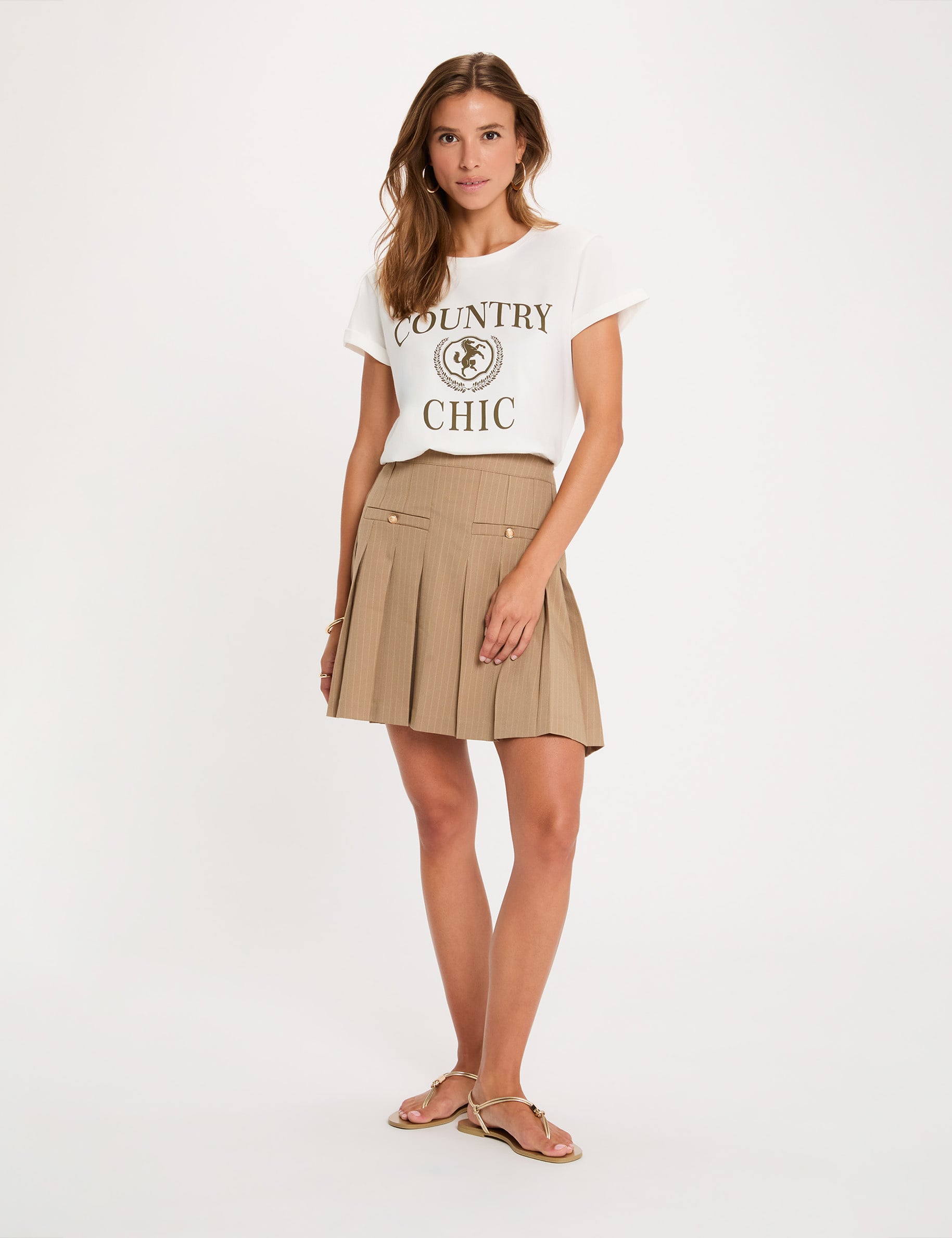 Jupe courte pliss&eacute;e taupe femme