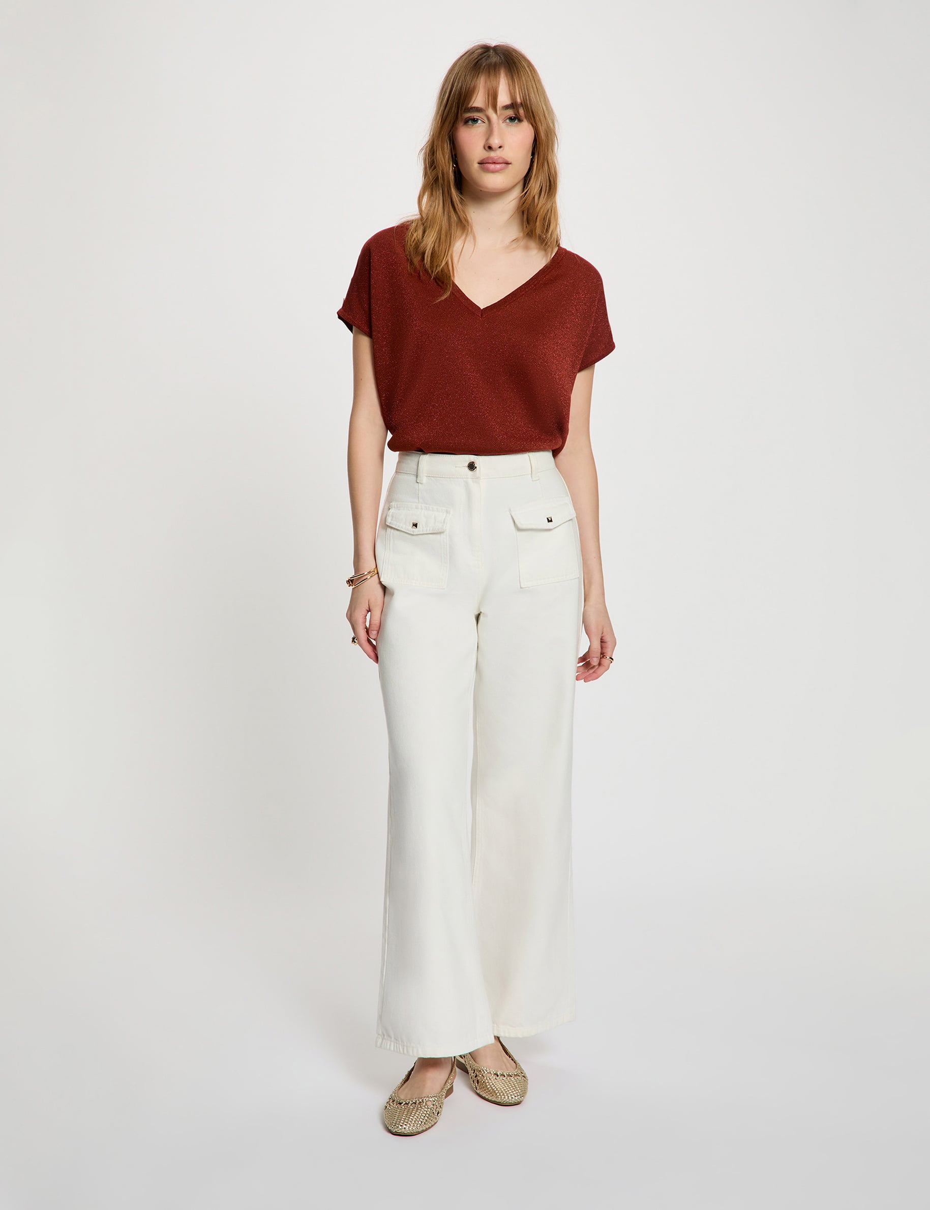 Pull oversize col v marron cognac femme