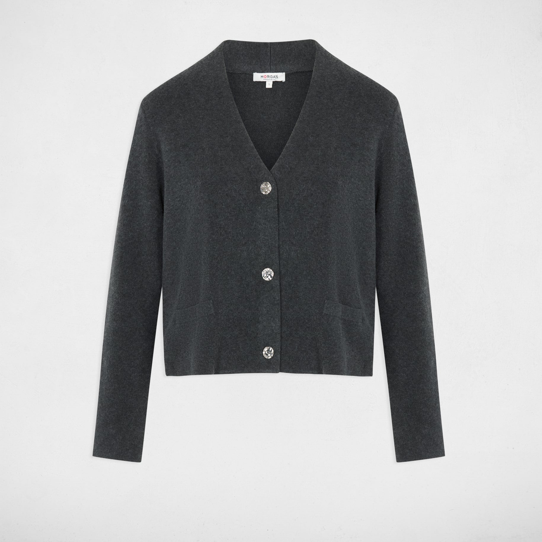 Gilet tricot col v gris fonc&eacute; femme