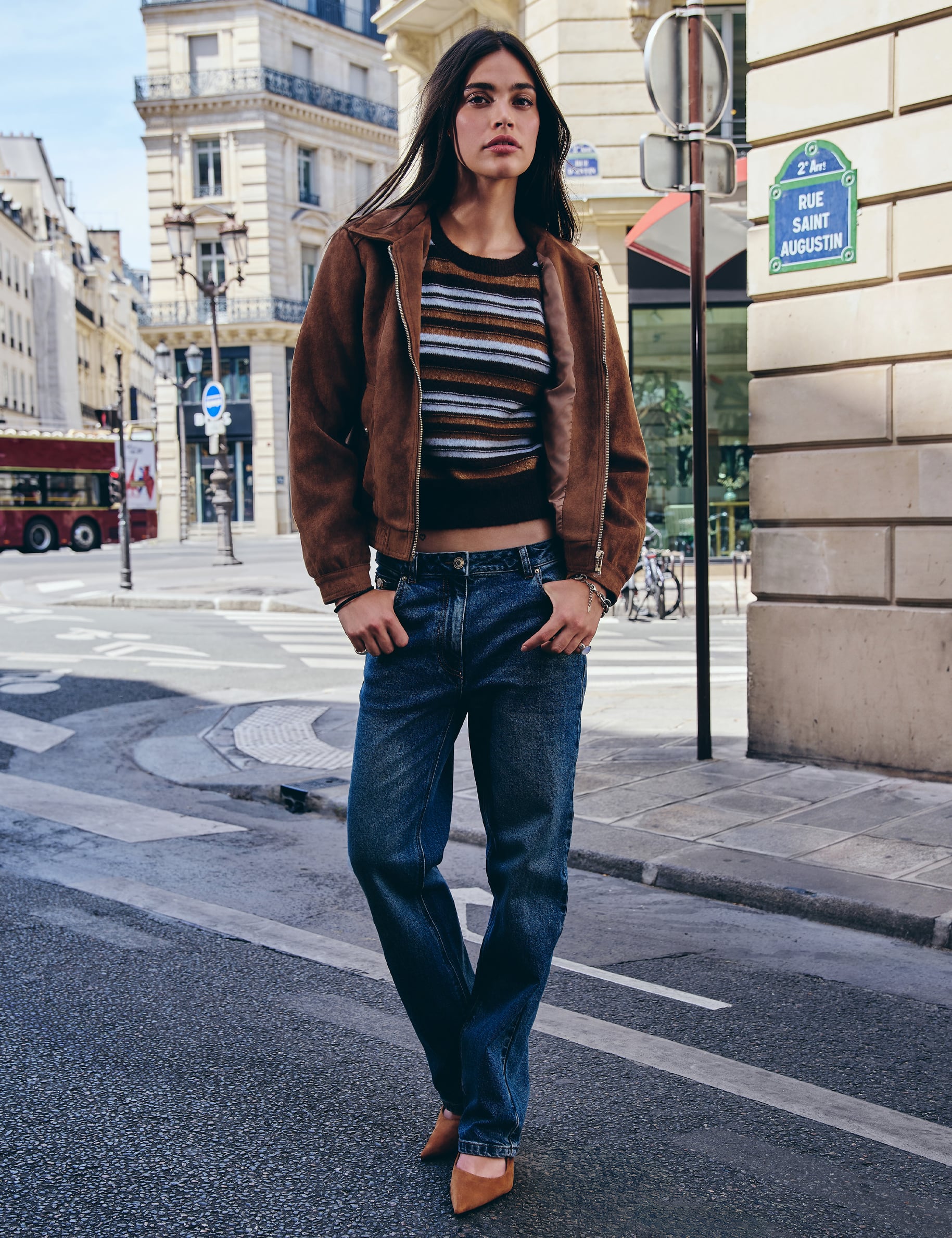 Jean droit taille haute denim stone femme