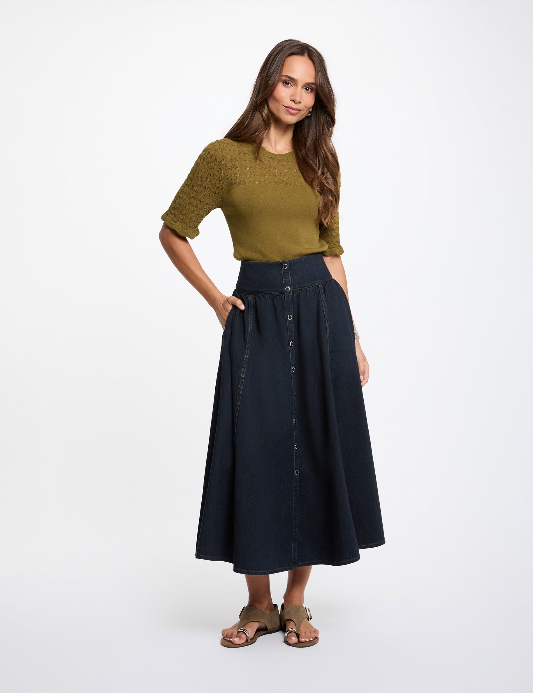 Pull manches courtes vert olive femme